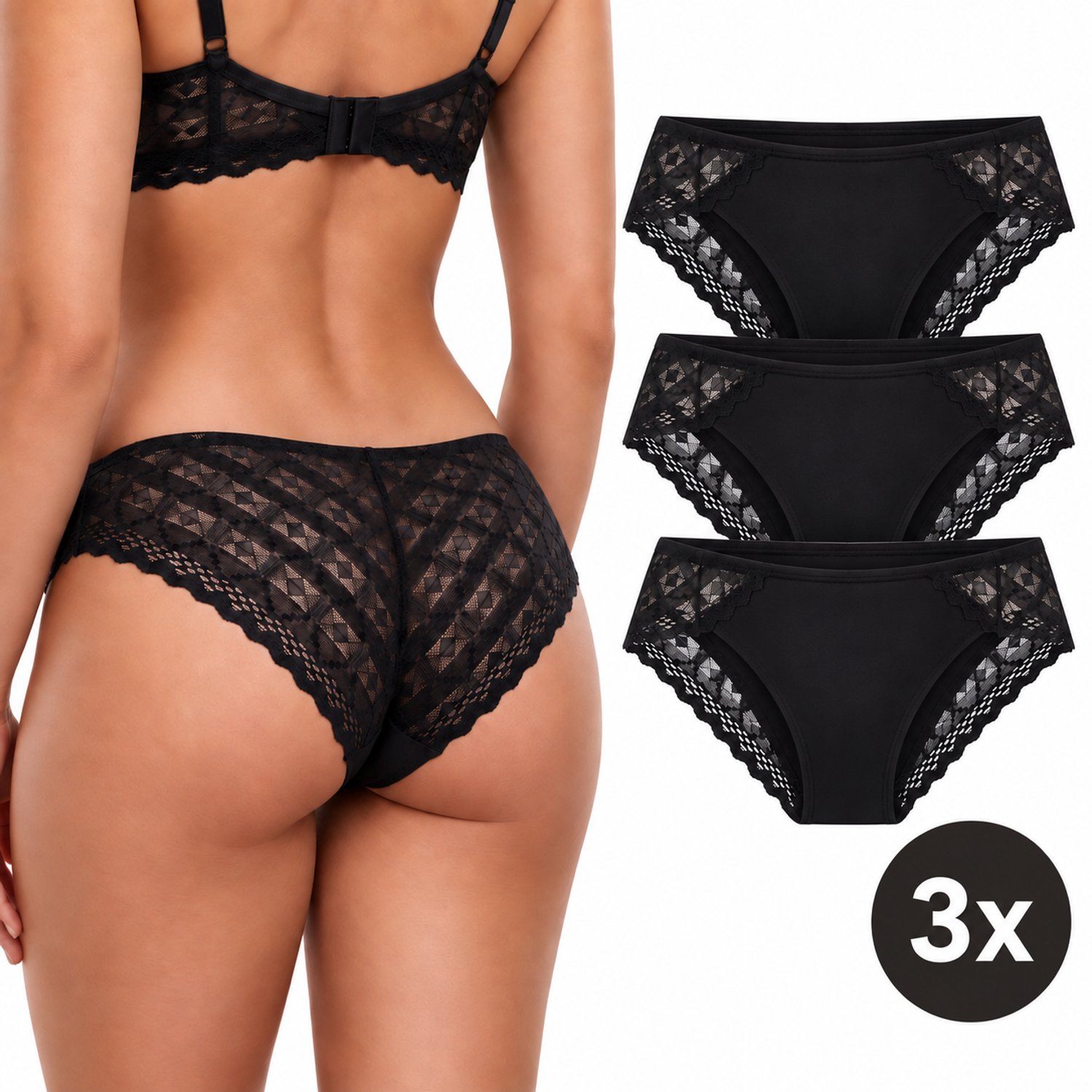 Calzera Dames Slips met Kant - 3 Pack - Comfortabele Kanten Onderbroeken - Sexy Dames Ondergoed - Zwart - Maat XL