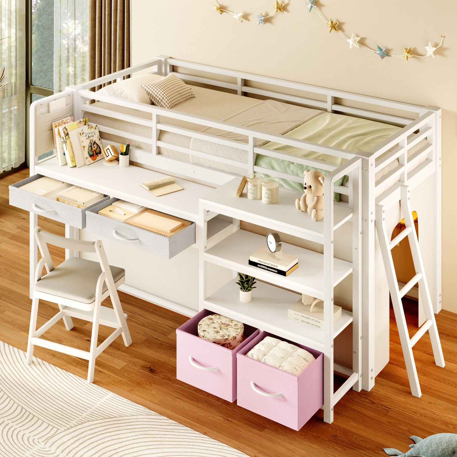 DESMIU Hoogslaper 90 x 200 cm – Kinderbed Met Bureau En Ledverlichting – Opbergruimte Met Stoffen Lades En Gordijn – Metaal – Wit – Zonder Matras