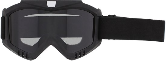 Zwarte crossbril met donker getinte lens, gestroomlijnd montuur en zwarte elastische hoofdband.