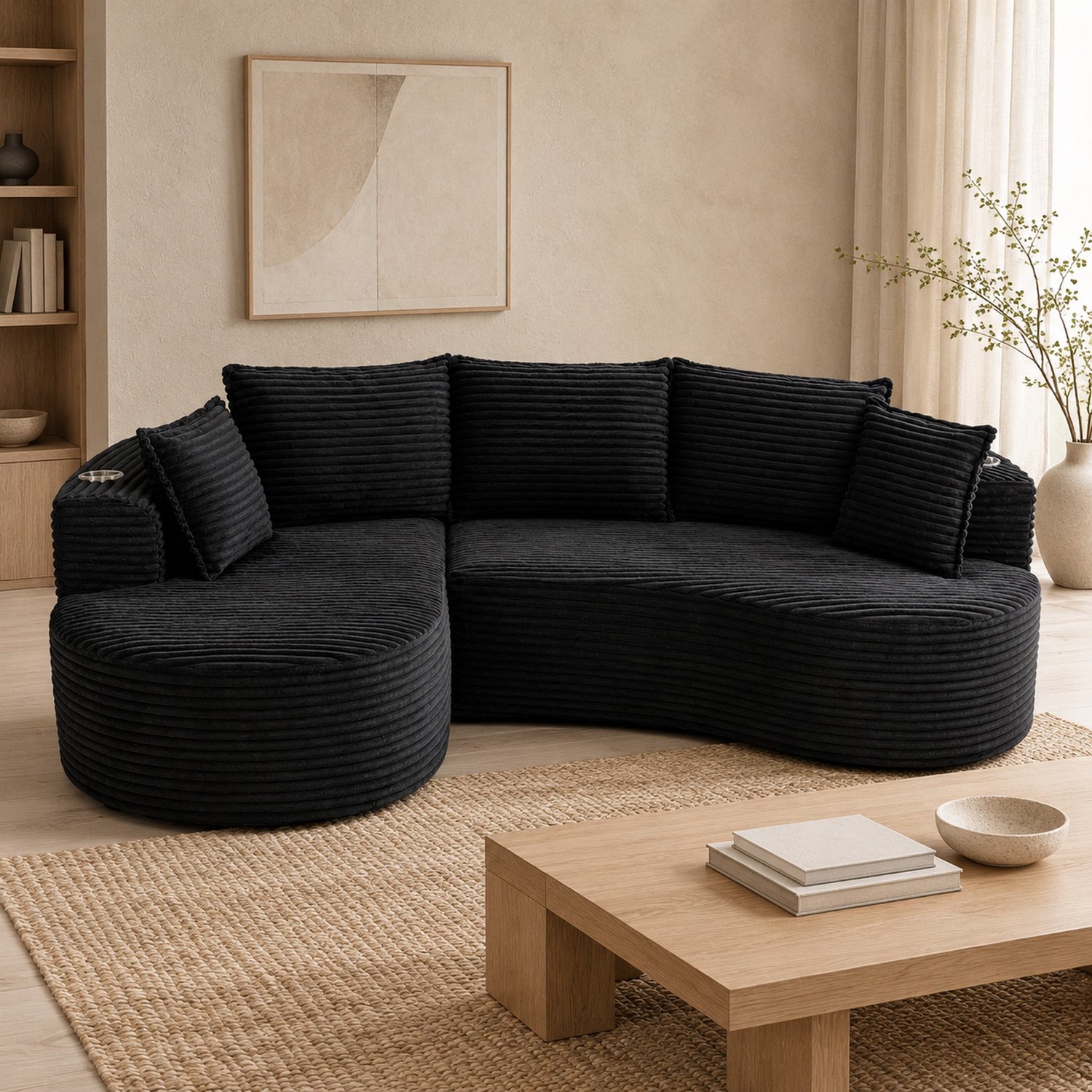 WUVRIE Hoekbank 250x152 cm - Corduroy bekleding, bekerhouders en zijvakken - Zwart