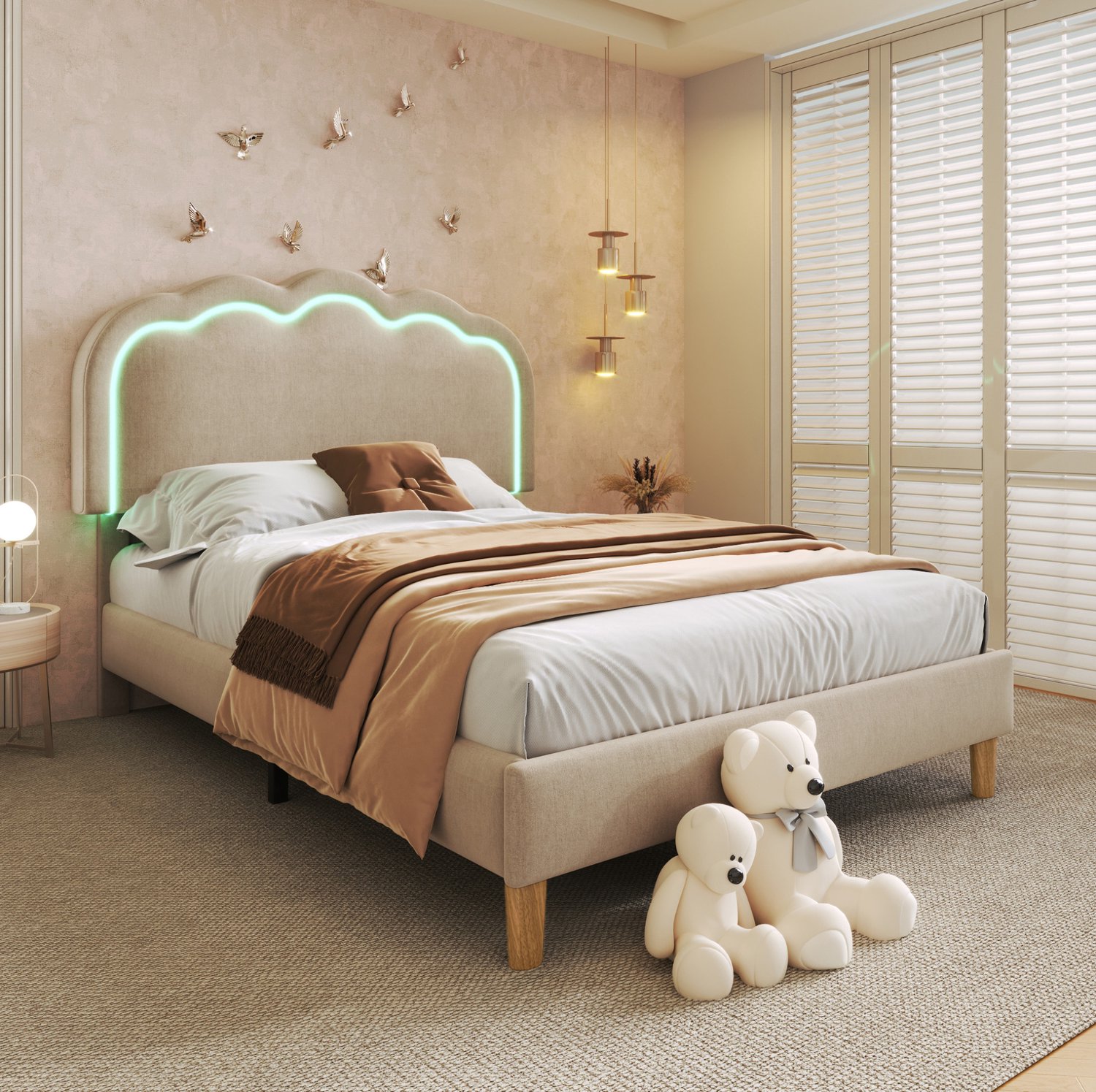 Eenpersoonsbed 90x200 cm met LED, verstelbaar hoofdeinde, stof, beige