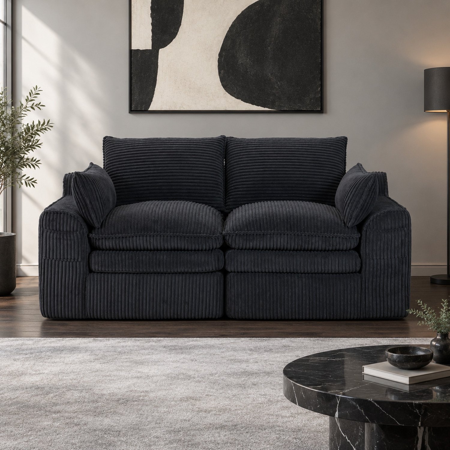 WUVRIE 2-zitsbank 191x94x85 cm - Ribfluweel met kussens en zijvakken - Zwart
