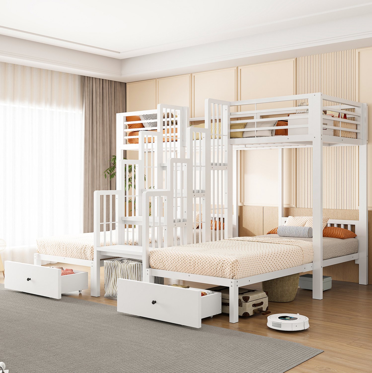 OKWISH Stapelbed 90 x 200 cm - Drie Slaapplaatsen Met Centrale Trap En Veiligheidshekken - Met Lades - Zonder Matras - Voor Kinderen - Metaal - Wit