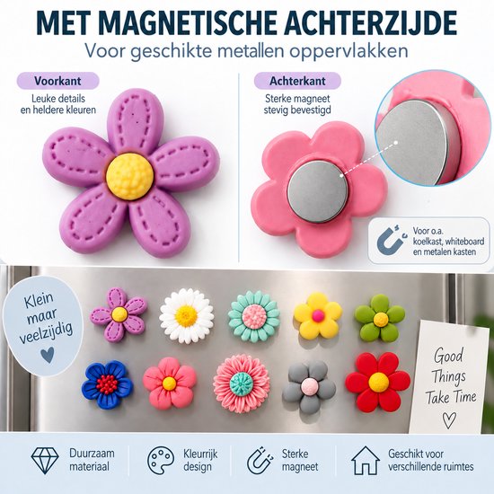 Bloemmagneet met sterke magneet aan de achterzijde en kleurrijke voorkant.