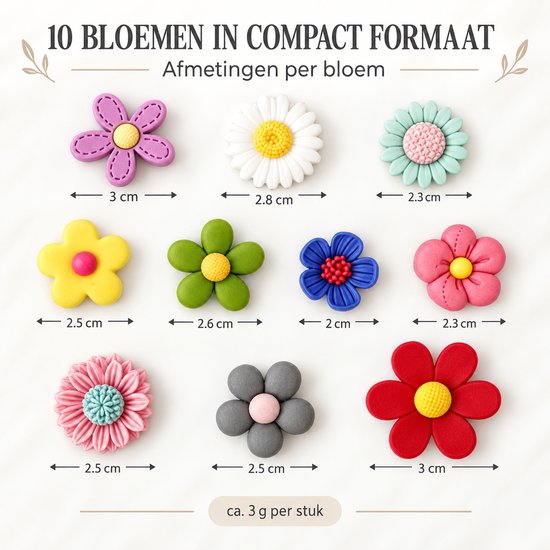 Set van 10 bloemmagneten met afmetingen variërend van 2 cm tot 3 cm, ca. 3 g per stuk.