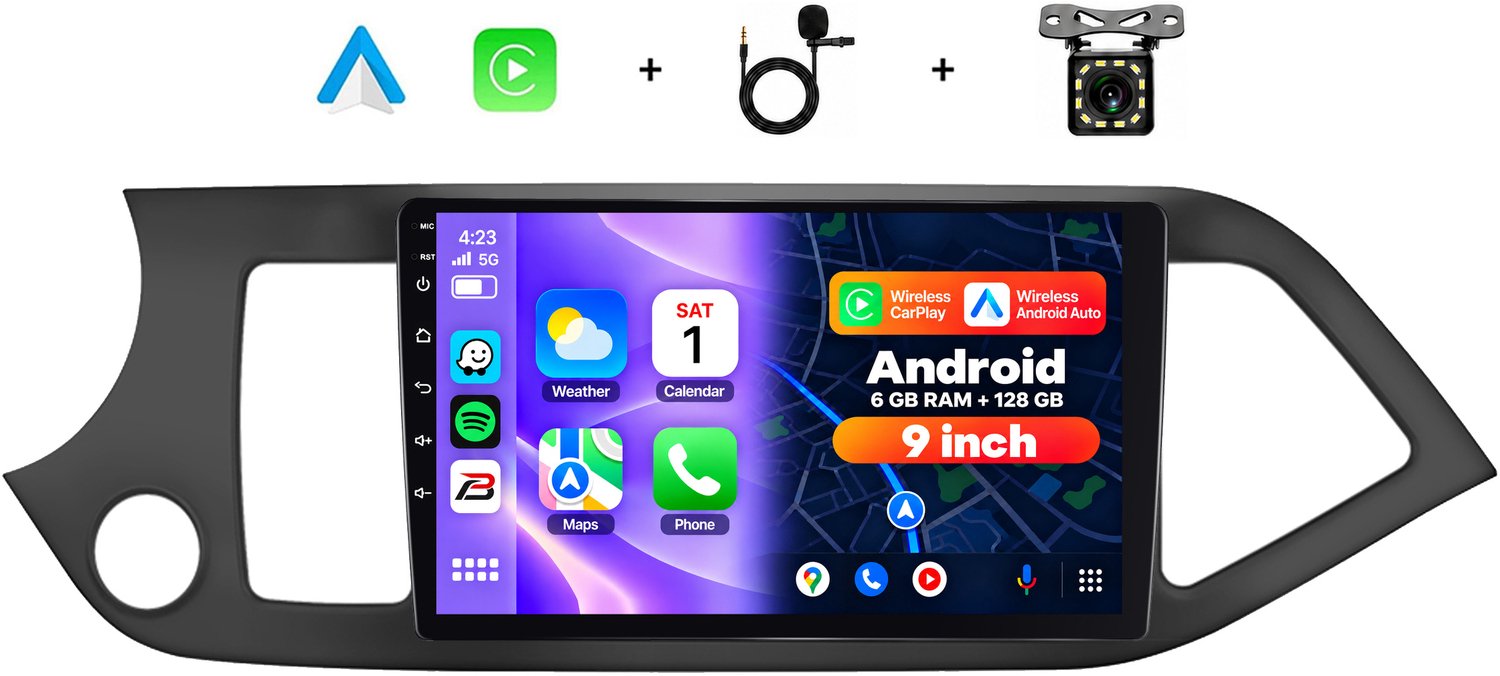 Boscer 2 Din Android 15 Autoradio - Geschikt voor Kia Picanto (2011-2017) - Draadloos Apple Carplay & Android Auto - 6+128GB - 9 Inch HD IPS Touchscreen - GPS Navigatie - WIFI, Bluetooth & USB - Achteruitrijcamera & Microfoon