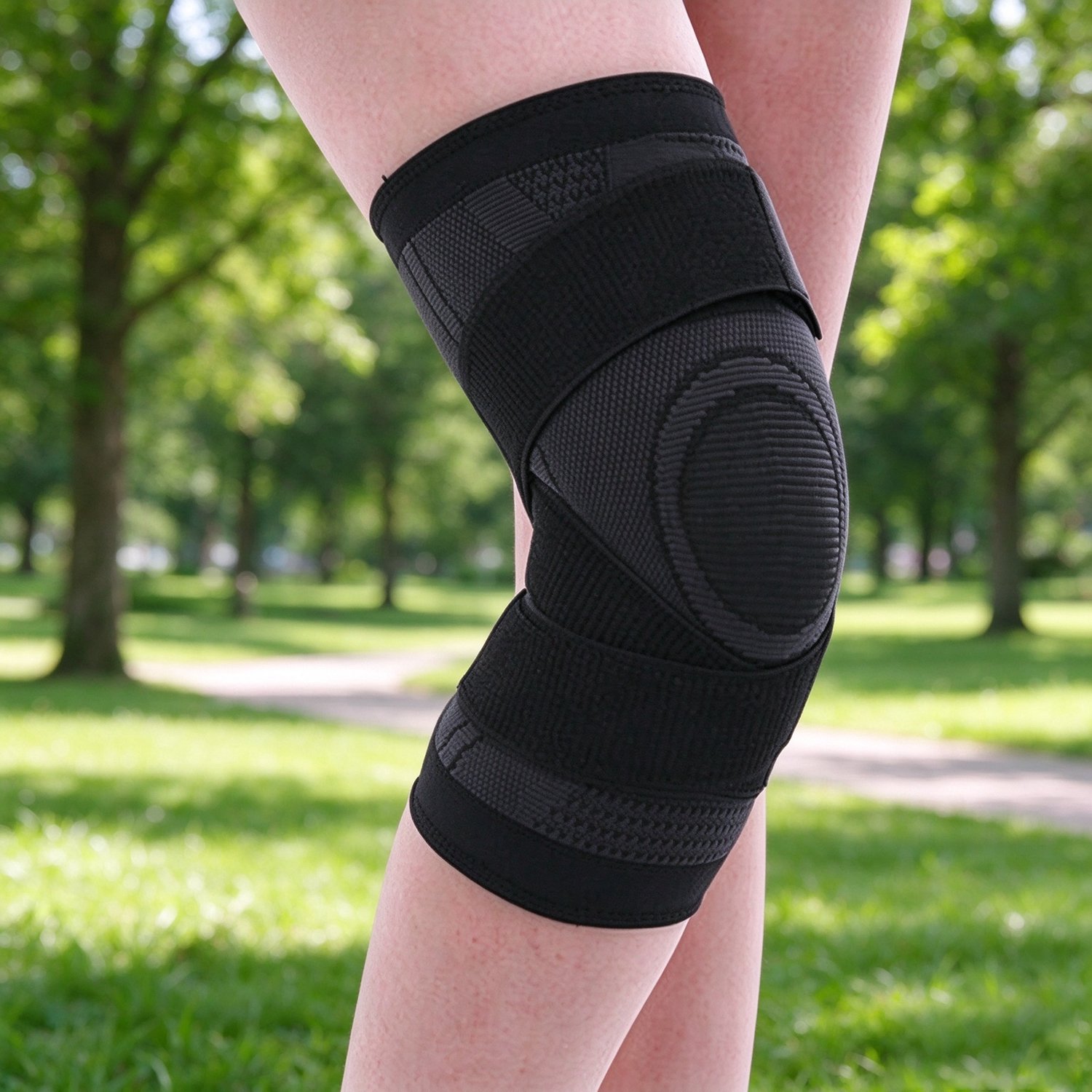 1 paar compressie kniebraces maat L zwart met verstelbare riemen pijnverlichting bij meniscusletsel en artritis geschikt voor 65–80 kg afmetingen 17×15×28 cm