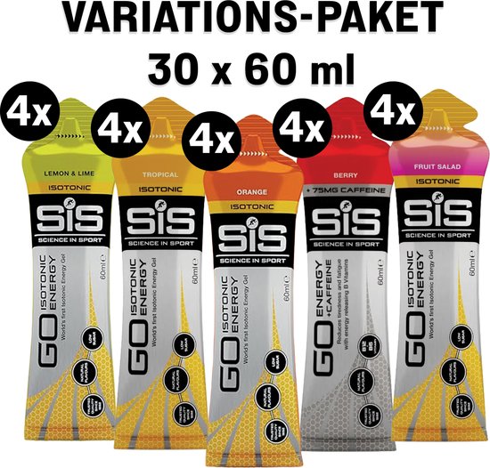SiS Go energiegels variatiepakket met 30 gels in 5 smaken, waaronder citroen, tropisch, sinaasappel, bes en fruitsalade.