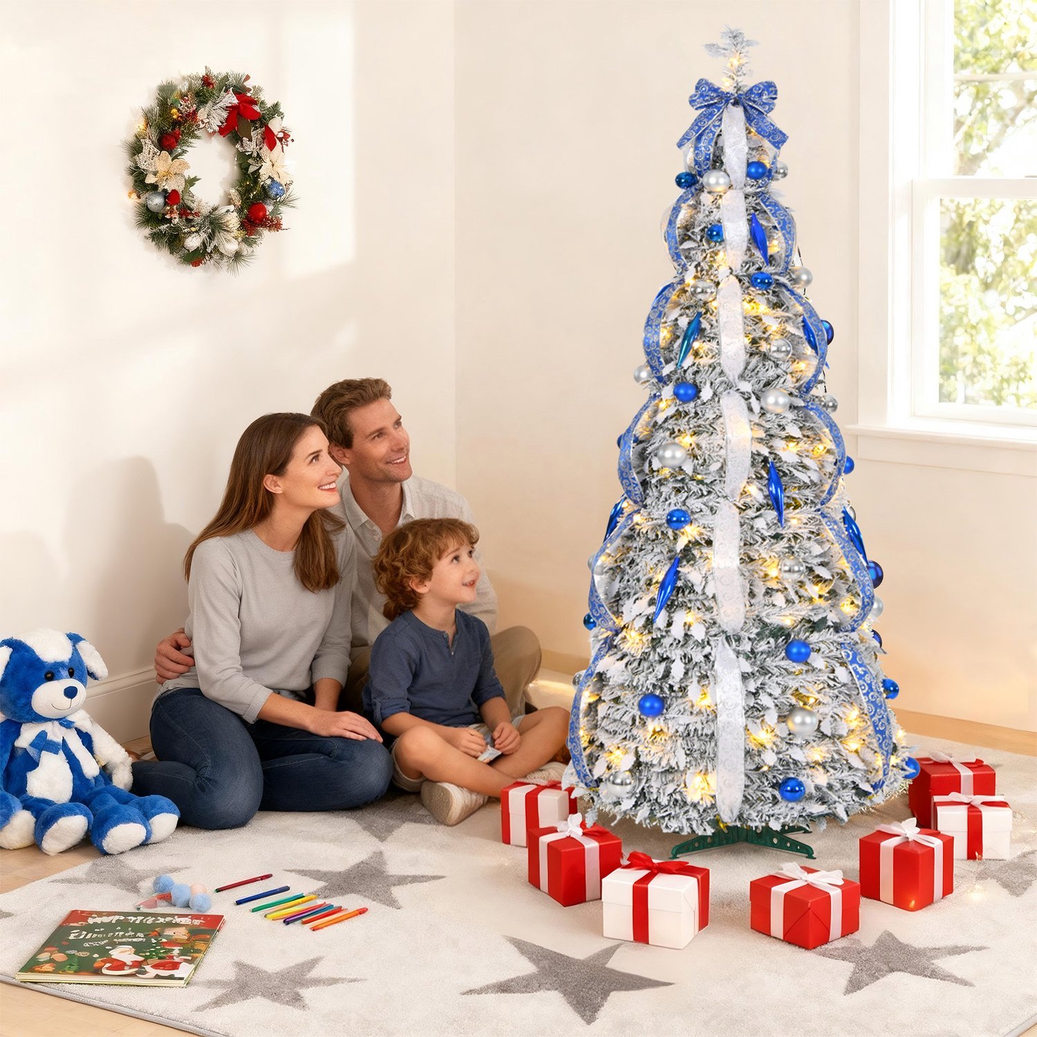 Pop-up Kerstboom 150 cm met 100 LED - 8 Lichtmodi - Blauw met Sneeuw - Inclusief Kerstballen & Linten - Opvouwbaar - NAIZY – foto 6