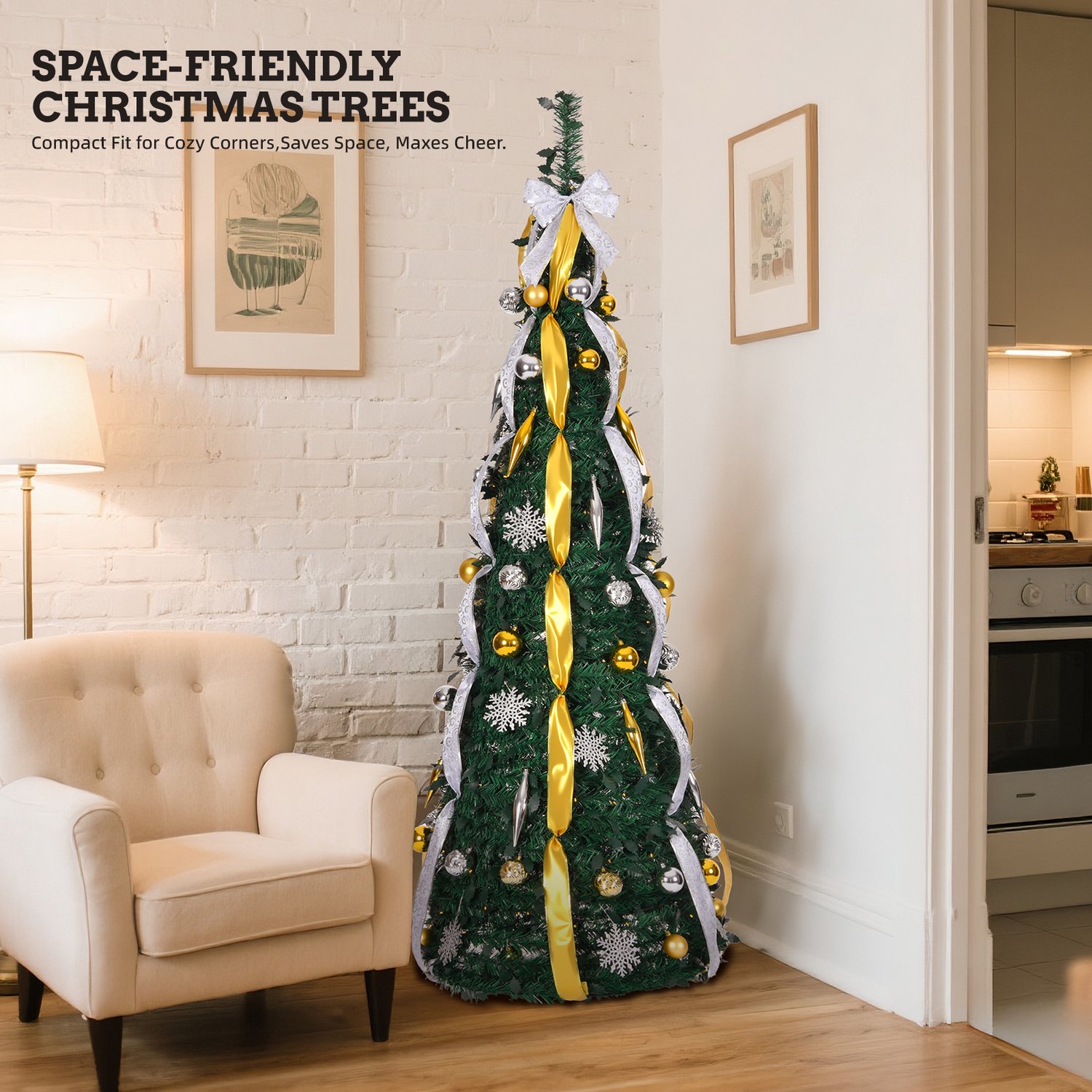 Pop-up Kerstboom 180 cm met 150 LED - 8 Lichtmodi - Goud & Zilver - Inclusief Kerstballen & Linten - Opvouwbaar - NAIZY – foto 7