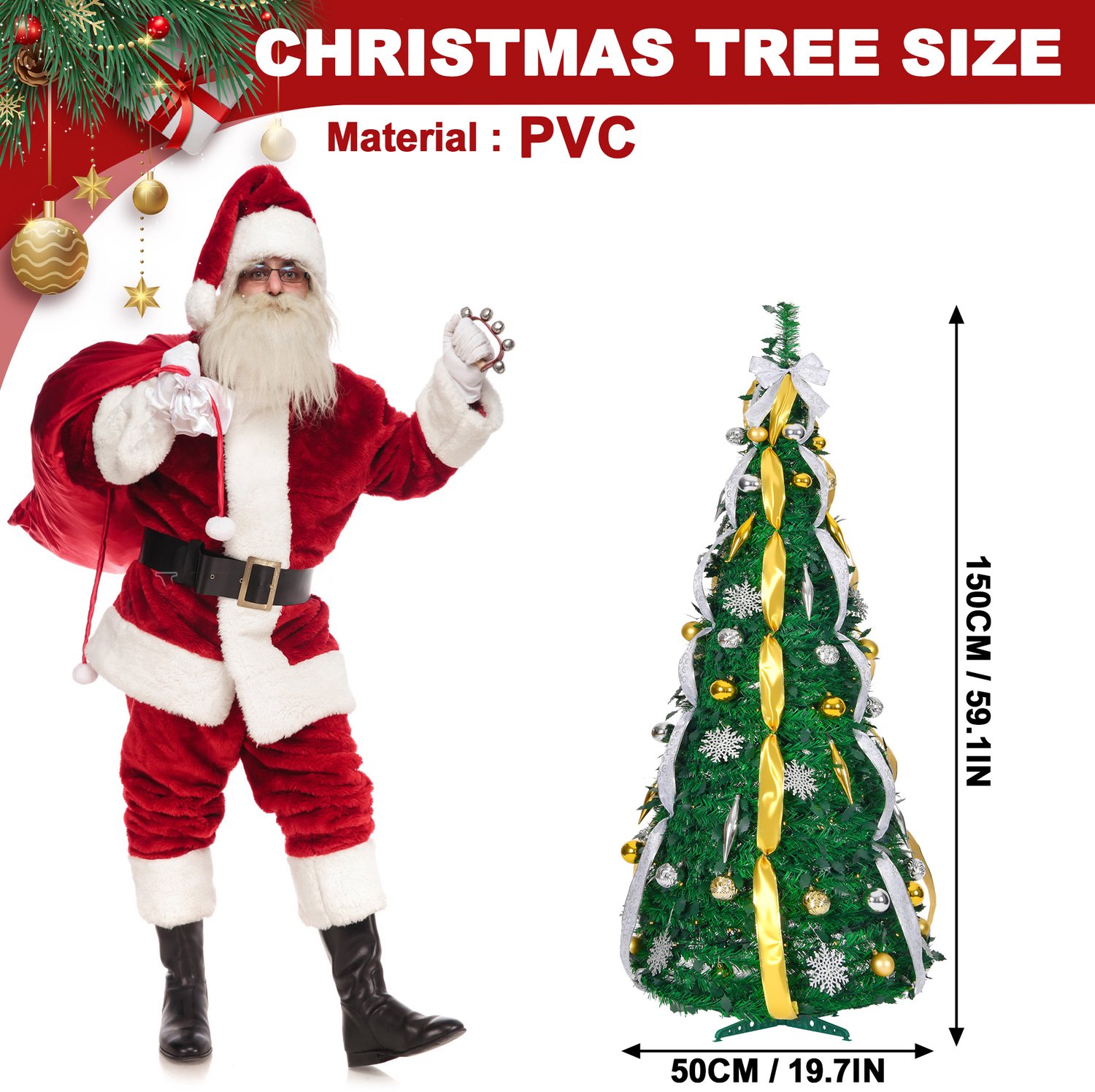 Pop-up Kerstboom 150 cm met 100 LED - 8 Lichtmodi - Goud & Zilver - Inclusief Kerstballen & Linten - Opvouwbaar - NAIZY – foto 2
