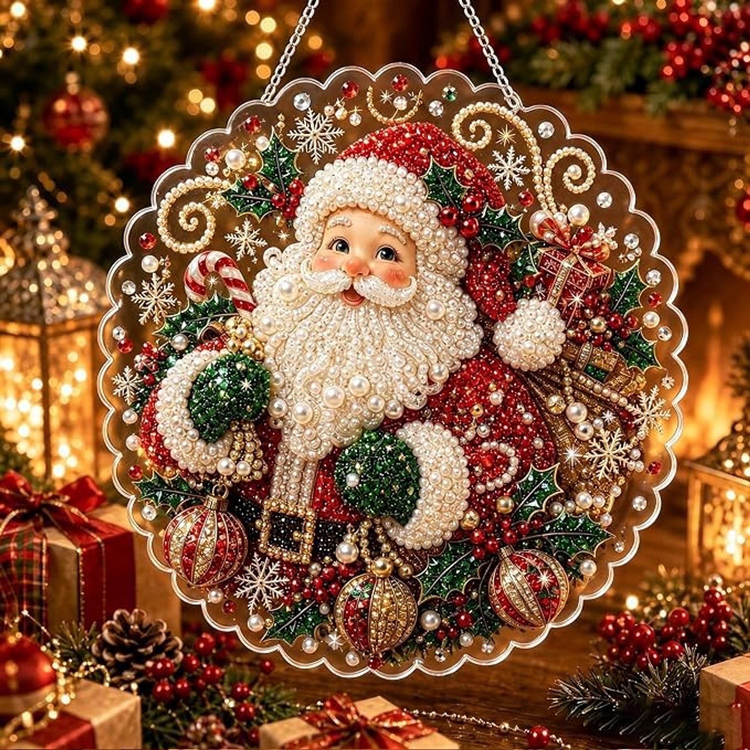 Kerst Parel Diamant Schilderij Suncatcher Kit - 25x25cm - Kerst Parel Diamond Painting - Kerst Decoratie - Hangende Deurhanger & Raamhanger - Muurdecoratie - DIY Knutselpakket voor Volwassenen & Kinderen - Kerstman