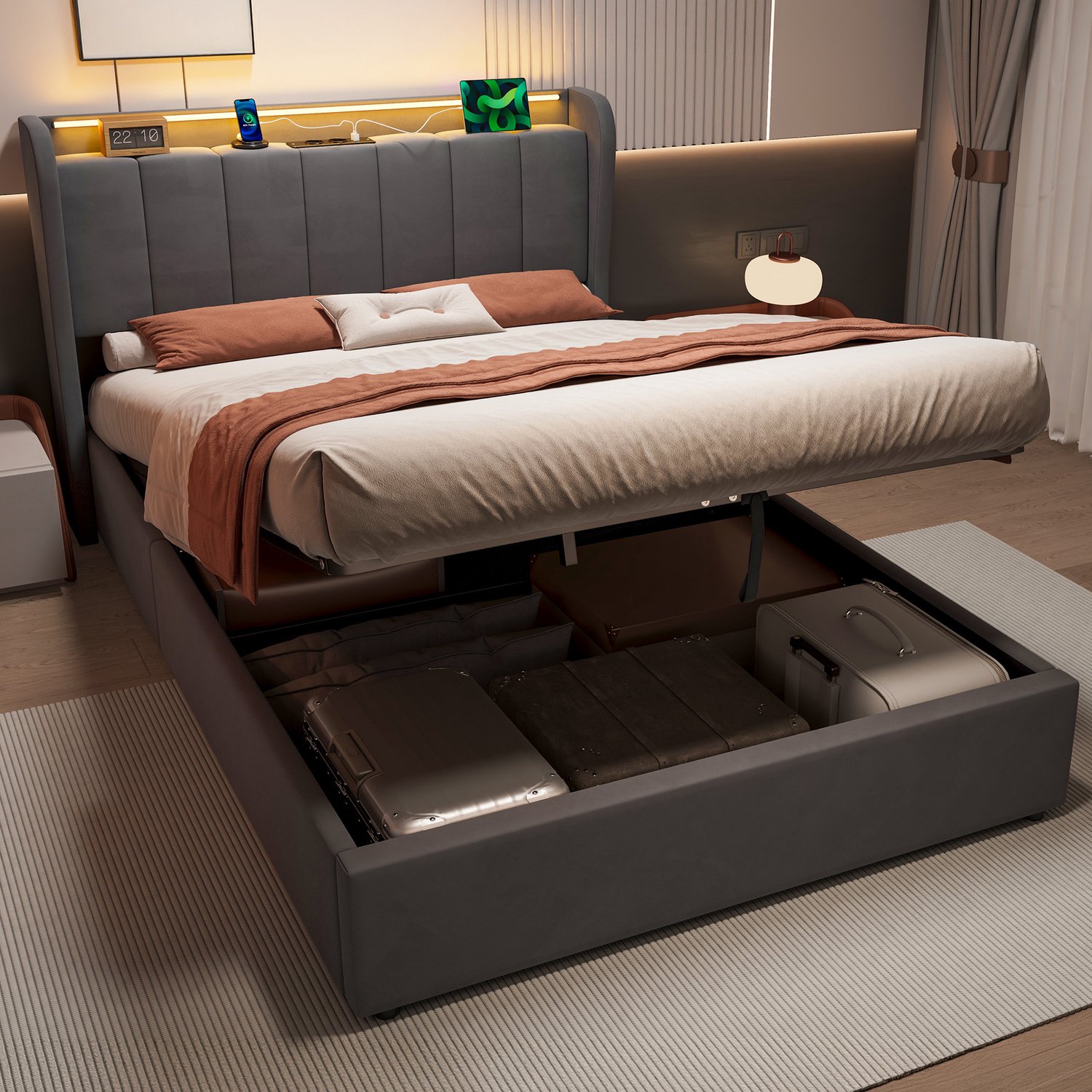 DESMIU Gestoffeerd Bed 140x200cm – Hydraulisch Opbergbed Met Bedbox – LED En Oplaadstation – Tienerkamer – Fluweel – Donkergrijs – Zonder Matras