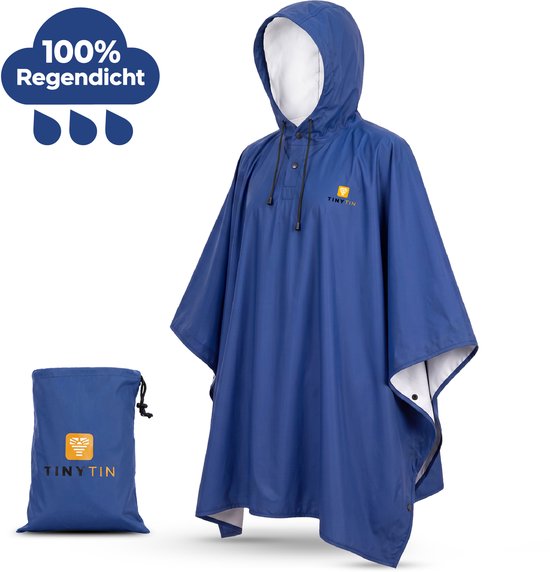 Blauwe TinyTin regenponcho met witte voering, capuchon en bijpassend opbergtasje met logo.