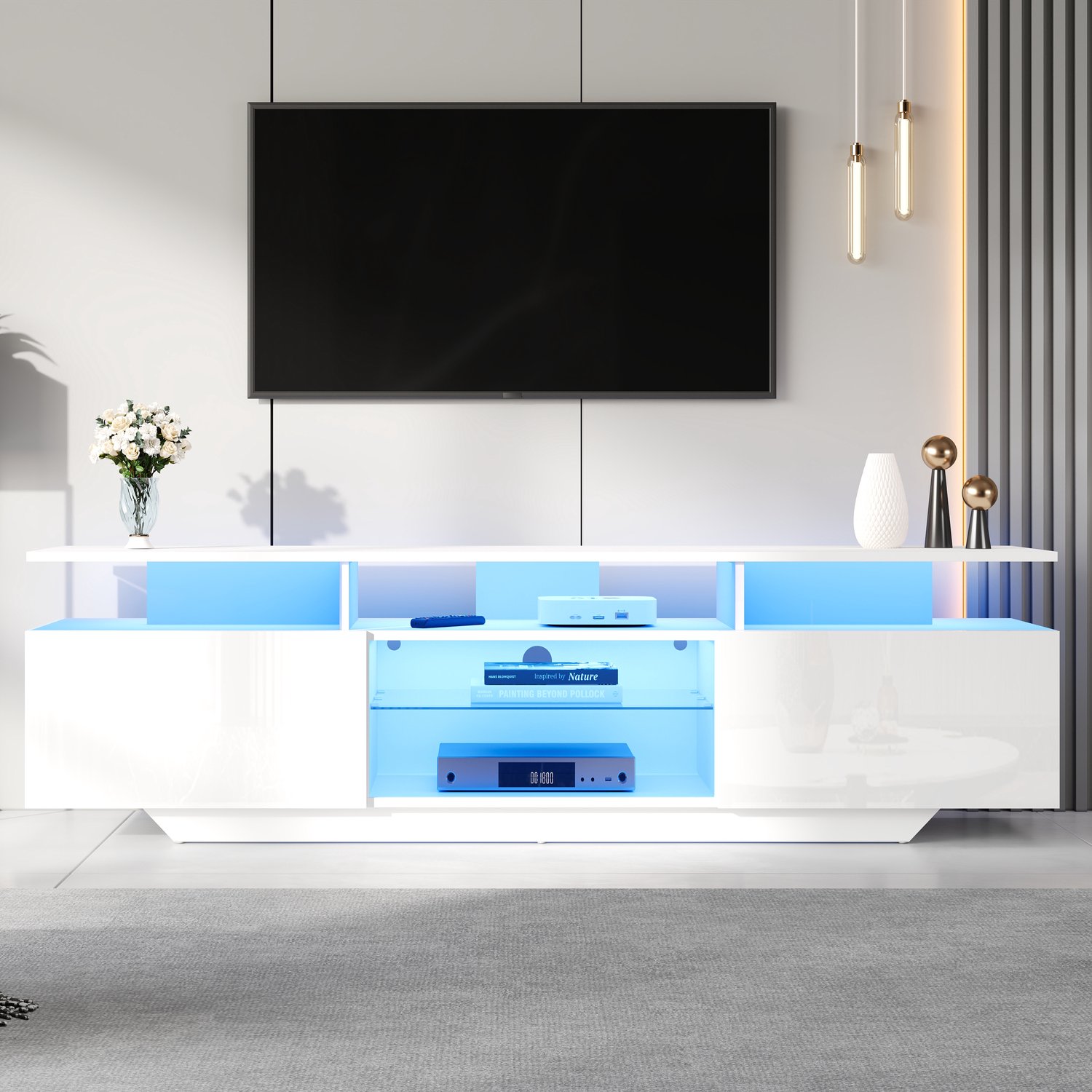 TV-meubel 160 cm - 2 kasten - 8 opbergvakken - LED met appbediening - voor tv van circa 70 inch - Wit