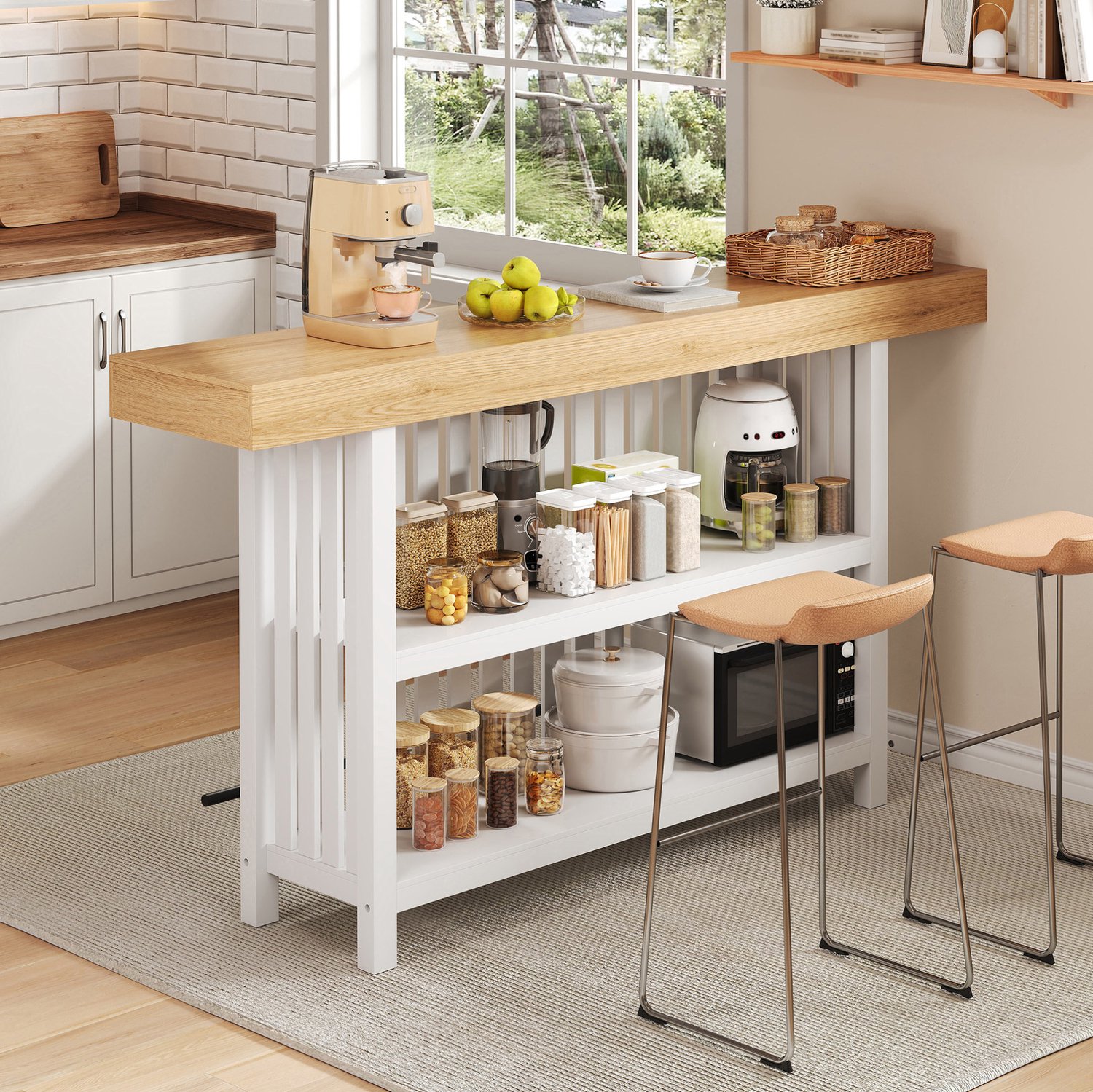 MIVRAY Bartafel - Met Voetsteun En Tweelaags Open Rek - Voor Keuken, Eethoek En Thuisbar - MDF - Wit - 160 x 40 x 105 cm