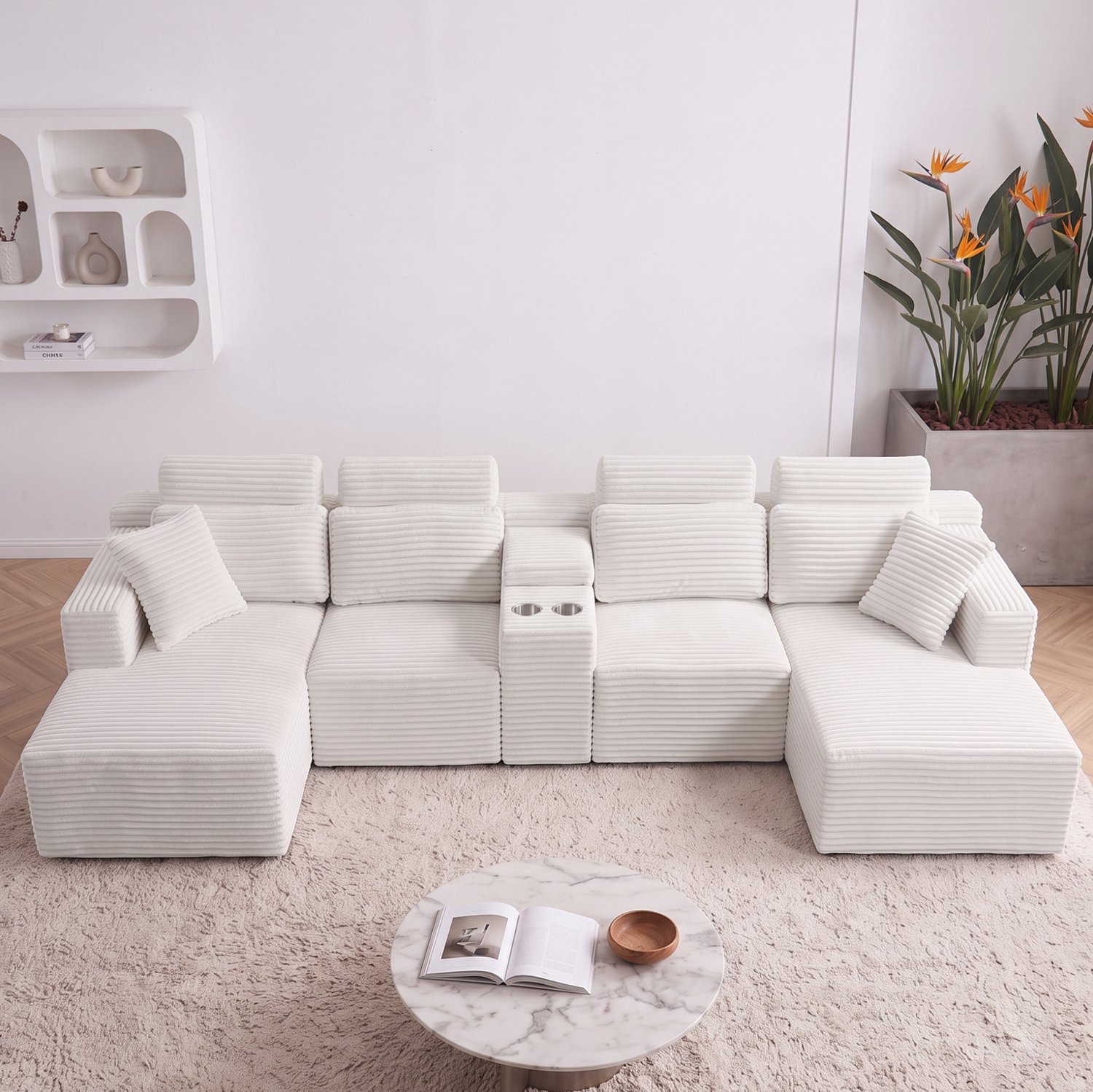 FloraGrace U-Bank 372 Cm - Modulaire 6-Zits Met Dubbele Bekerhouders - Voor Woonkamer - Ribstof En Schuim - Gebroken Wit