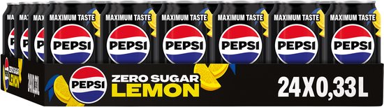 Tray met 24 zwarte blikjes Pepsi Zero Sugar Lemon van 0,33L, versierd met citroenschijfjes.