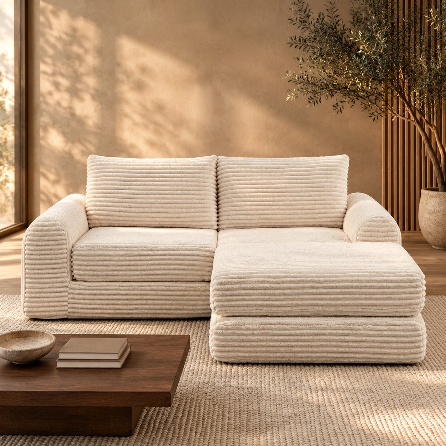 WUVRIE 2-zits slaapbank - Modulaire corduroystof met verplaatsbare voetenbank - Beige