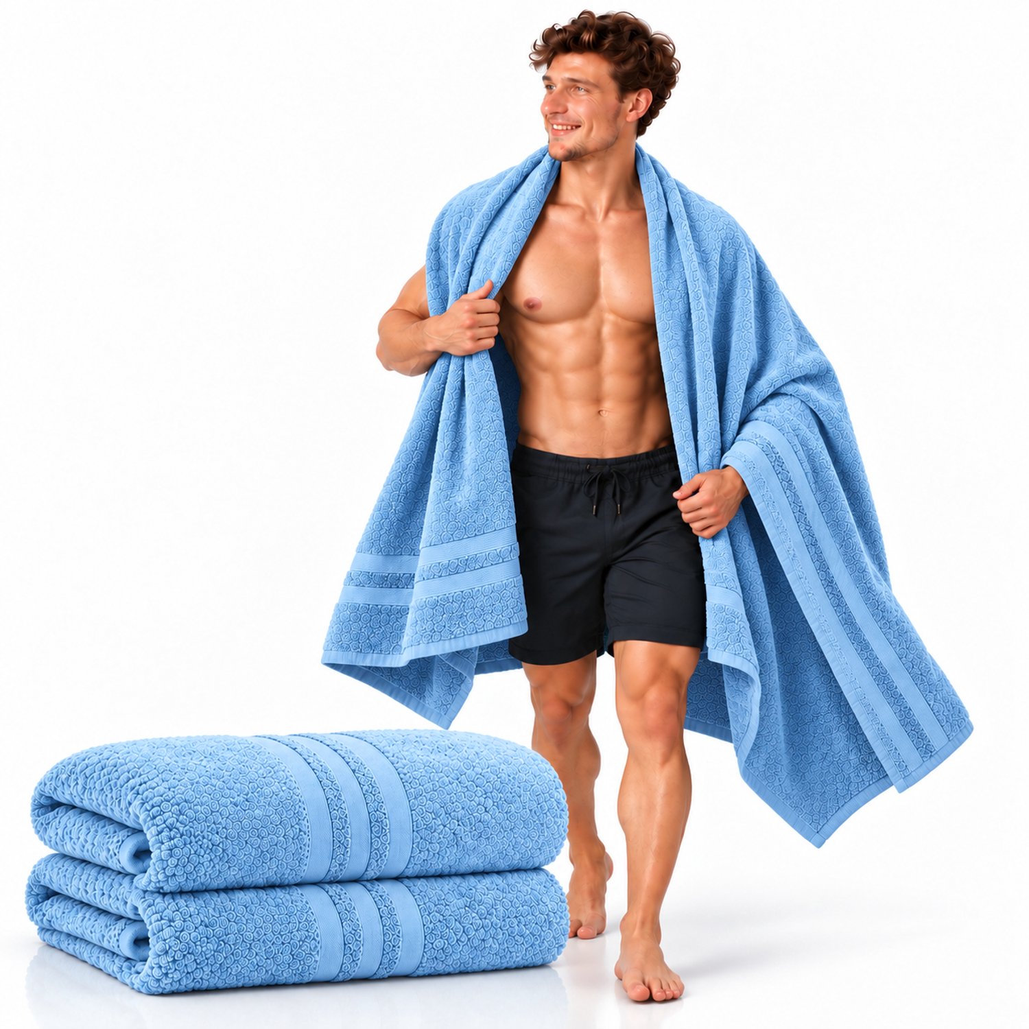 Komfortec Set van 2 Handdoeken 80x200 cm - 100% Katoen - XXL Saunahanddoeken - Badlaken - Strandlaken - Badhanddoek- Douchelaken - Zacht - Hoge Absorptie - Sneldrogend - Lichtblauw