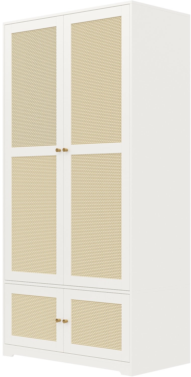 Kledingkast Met Rotan Draaideuren - 90 x 48 x 180 cm - Met Kledingroede En Vaste Legplanken - Wit MDF Met Gelakte Fronten Voor De Slaapkamer