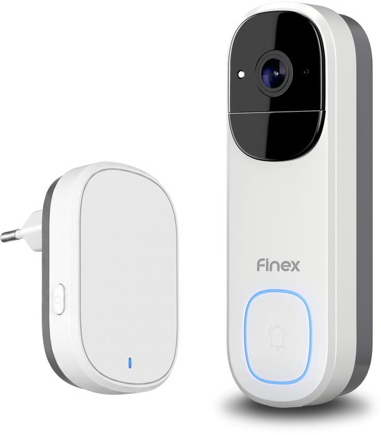 Witte Finex video-deurbel met camera en verlichte belknop, naast een bijbehorende draadloze ontvanger voor in het stopcontact.