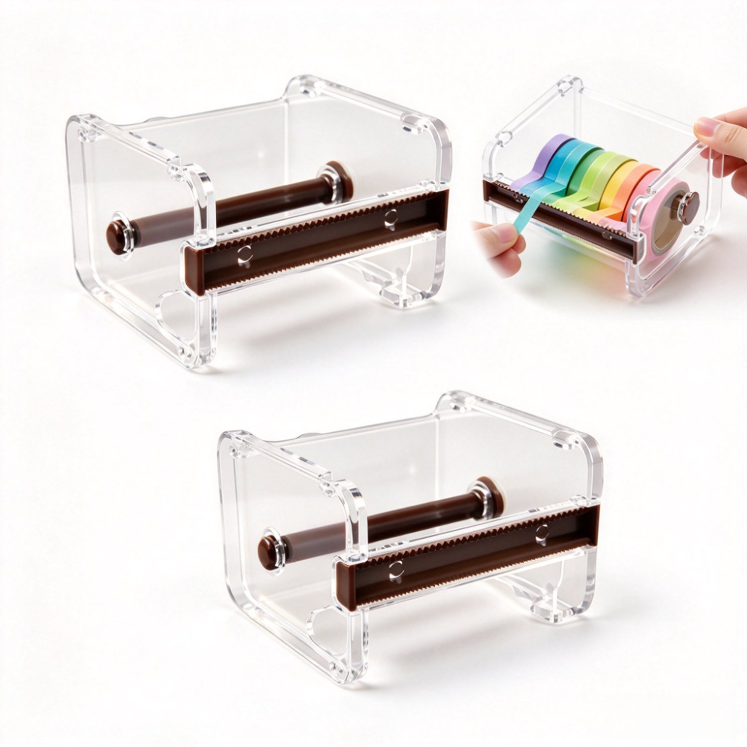 Set van 2 – Tapehouder – Bureau-tapehouder – Tape-organizer – Twee soorten kartelranden – Geschikt voor kantoor, school, thuisgebruik (Bruin – 10,3 x 9,1 x 7,1 cm)