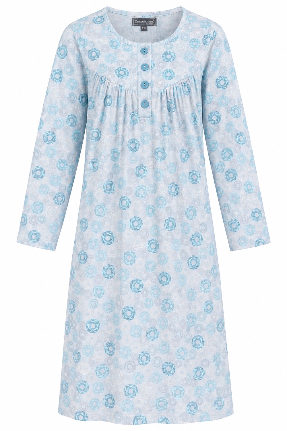 Cocodream - Klassiek nachthemd dames - Lange mouw - Blauw Cirkelprint - Lang model - Maat XXL