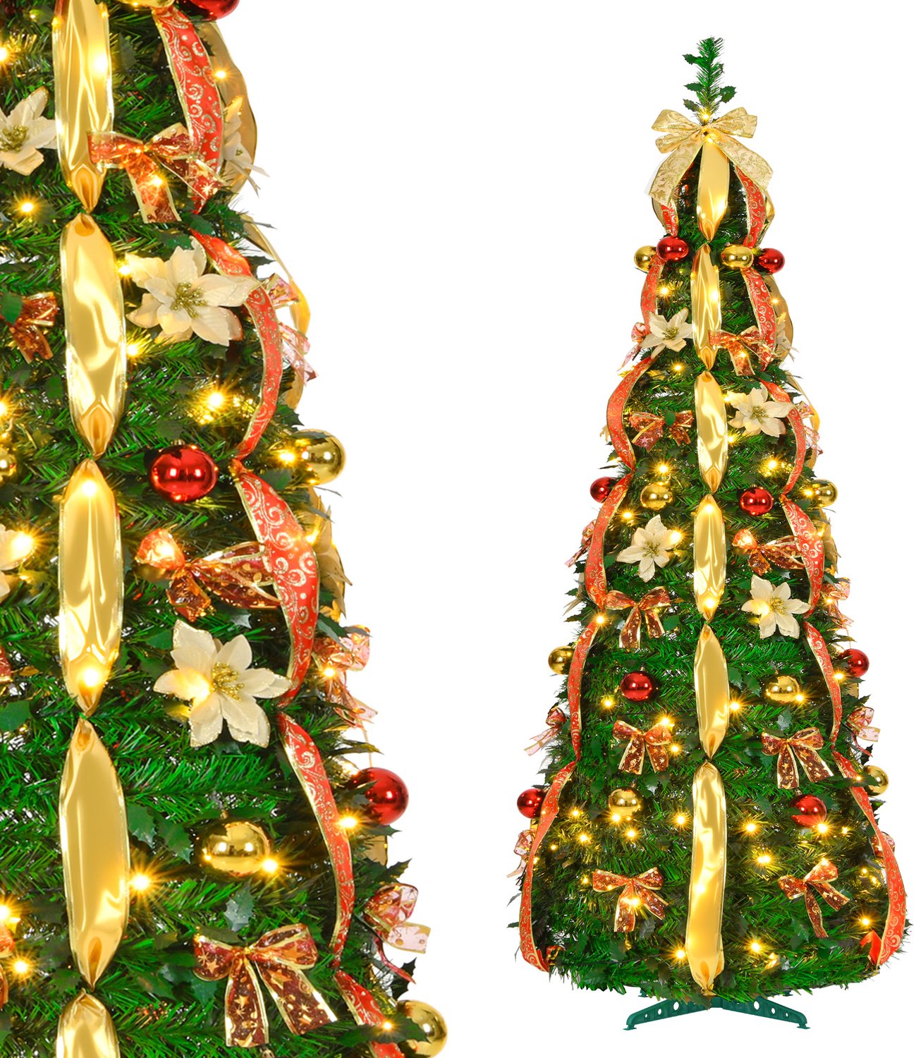 Pop-up Kerstboom 150 cm met 100 LED - 8 Lichtmodi - Rood & Goud - Inclusief Kerstballen & Linten - Opvouwbaar - NAIZY