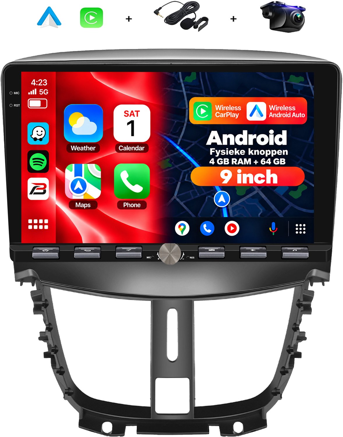 Boscer 2 DIN Android 15 Autoradio - Geschikt voor Peugeot 207 (2009-2013) - Draadloos Apple Carplay & Android Auto - 9 inch HD IPS Touchscreen - 4+64GB - GPS Navigatie - WIFI, Bluetooth & USB - Achteruitrijcamera & Microfoon