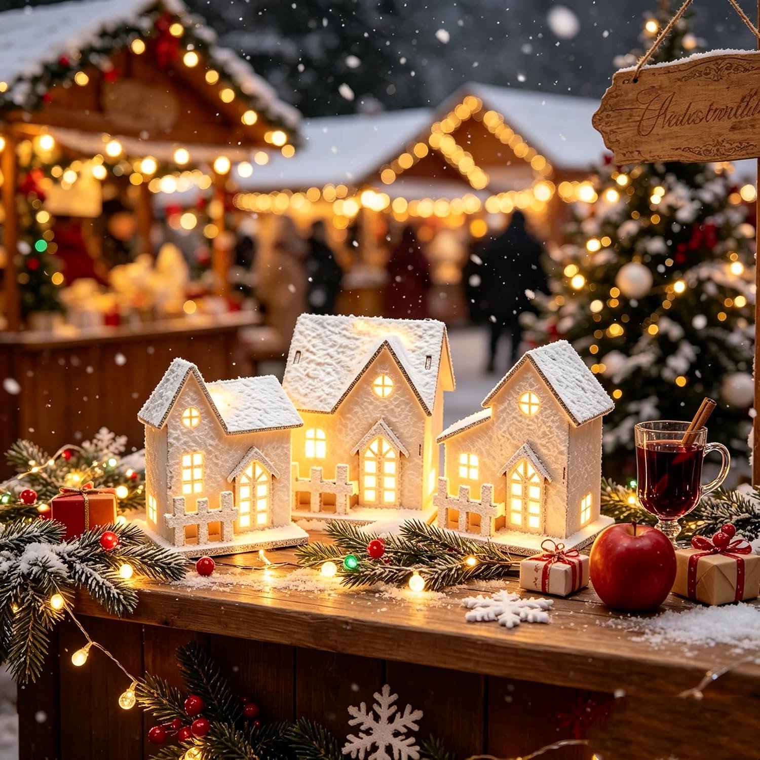 Kerstdorp met verlichting, 3 stuks, kersthuis verlicht, kerstdecoratie hout, led, binnen, kabouterhuis met licht, kerststad kerstdecoratie Amerikaans, kersthuizen Kerstmis – foto 2