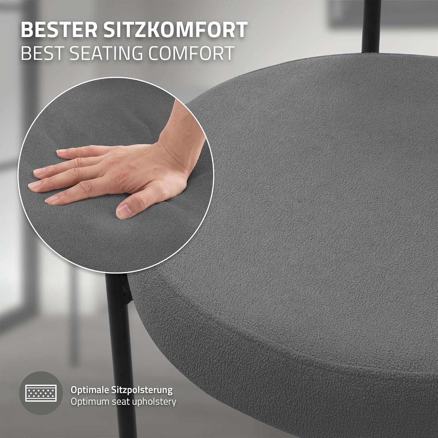 Luxe Eetkamerstoelen Teddy Stof Grijs Set van 6 – Moderne Gestoffeerde Keukenstoelen met Ergonomische Rugleuning, Zwarte Metalen Poten, Zithoogte 49 cm, 120 kg Draagvermogen, 53 x 50 x 78 cm