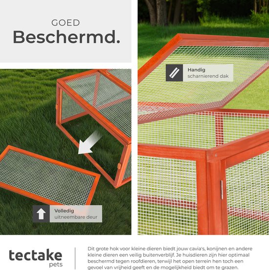 Details van de oranje ren: een uitneembare deur en een handig scharnierend dak voor gemakkelijke toegang.