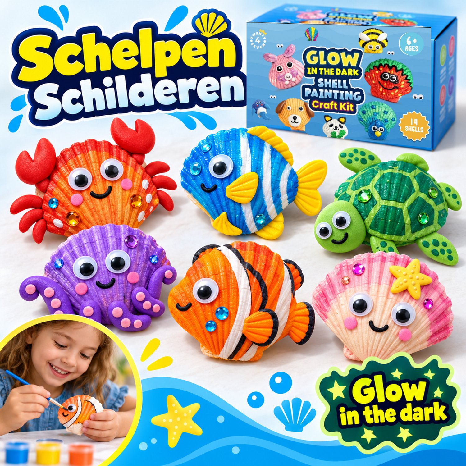 Twenty4seven® Schelpen Schilderen Set - 14 Schelpen met 9 Acrylverf Potjes - Glow in the Dark - Knutselpakket & Knutselset Kinderen - Penselen, Klei & Stickers — afbeelding 3