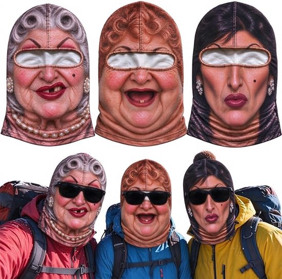 Set van 3 Grappige Balaclava Maskers met Oma Gezicht – 3D Print Oude Dame Skimaskers - Grappige cadeaus - voor Halloween en Carnaval