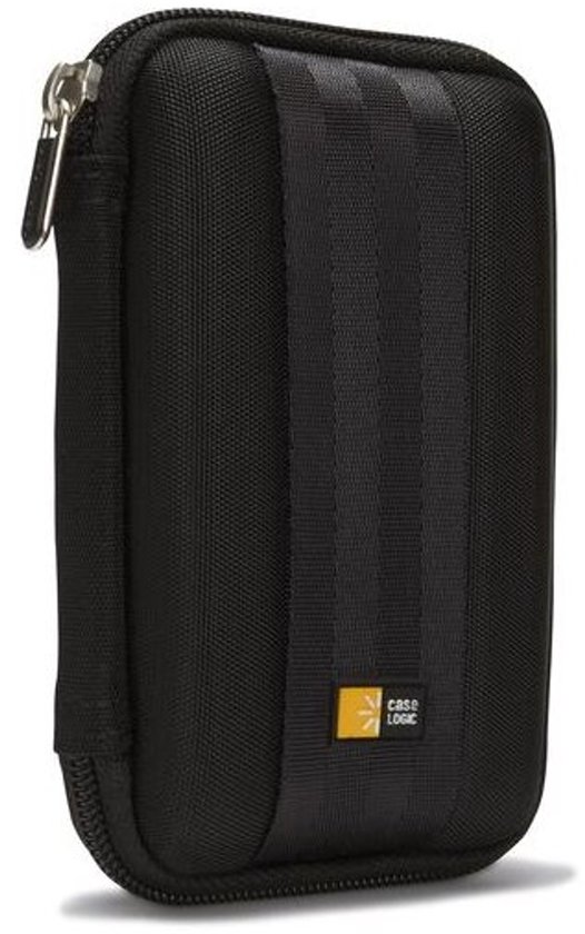 Zwarte Case Logic harde schijftas met ritssluiting en een verticaal gestreept design.