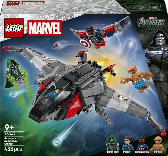 Doos LEGO Marvel 76347 Avengers: Doomsday Quinjet met grijze quinjet en speelfiguren Falcon, The Thing, Doctor Doom, Cyclops.