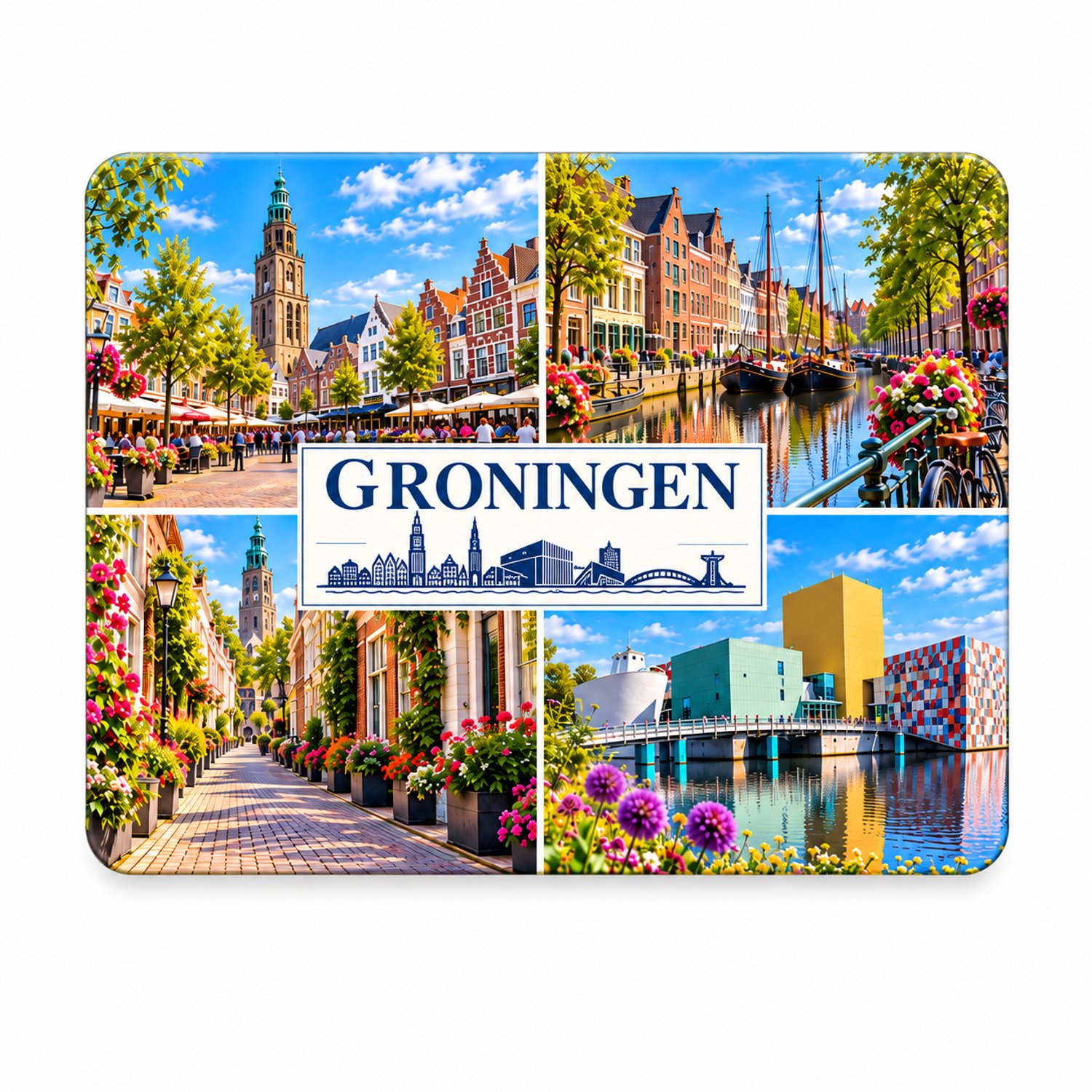 Koelkastmagneet MDF Groningen 9 x 7 cm – Rechthoekige stadssouvenir met grachten en skyline