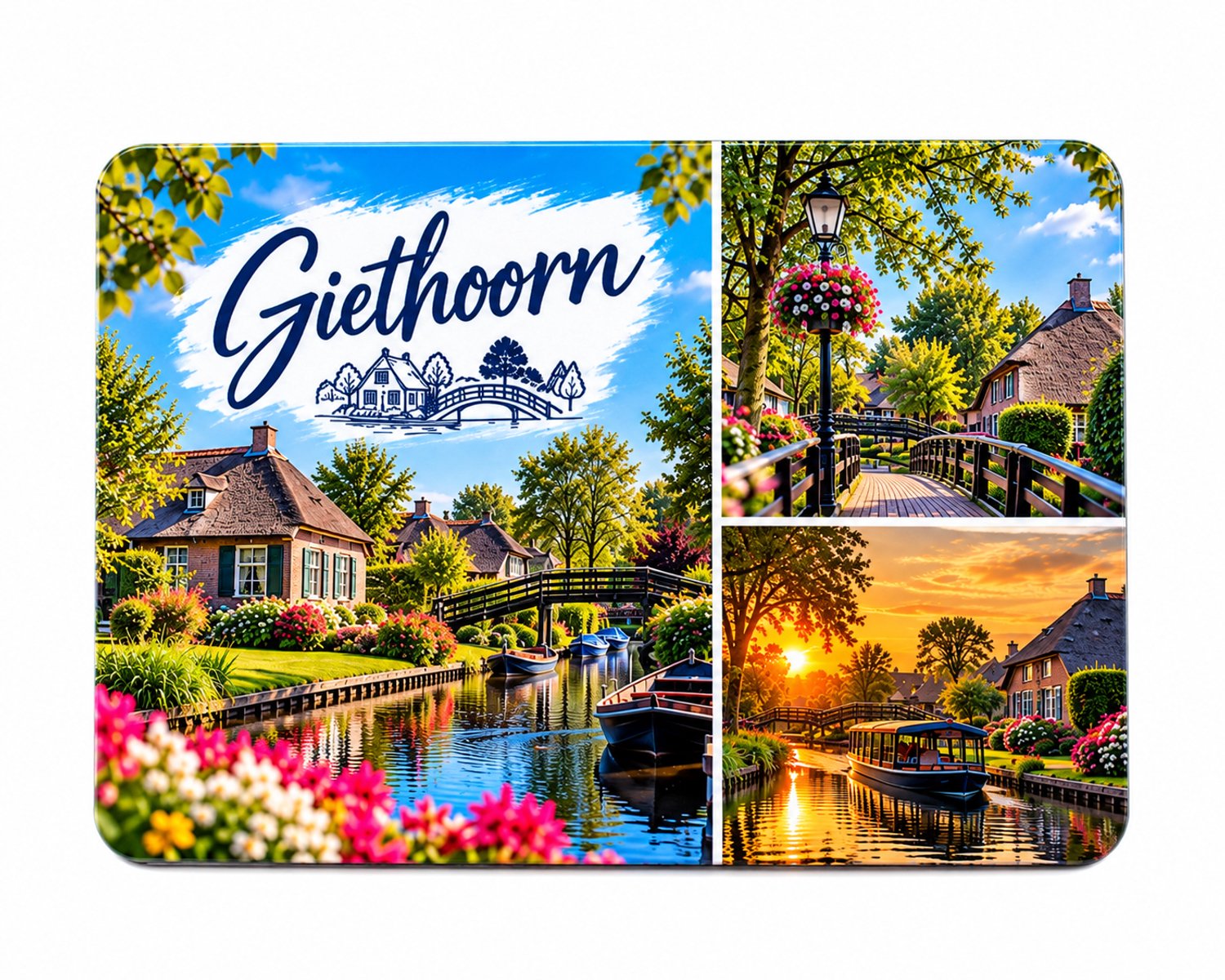 Koelkastmagneet MDF Giethoorn 9 x 7 cm – Souvenir met grachten, bruggetjes en bootjes