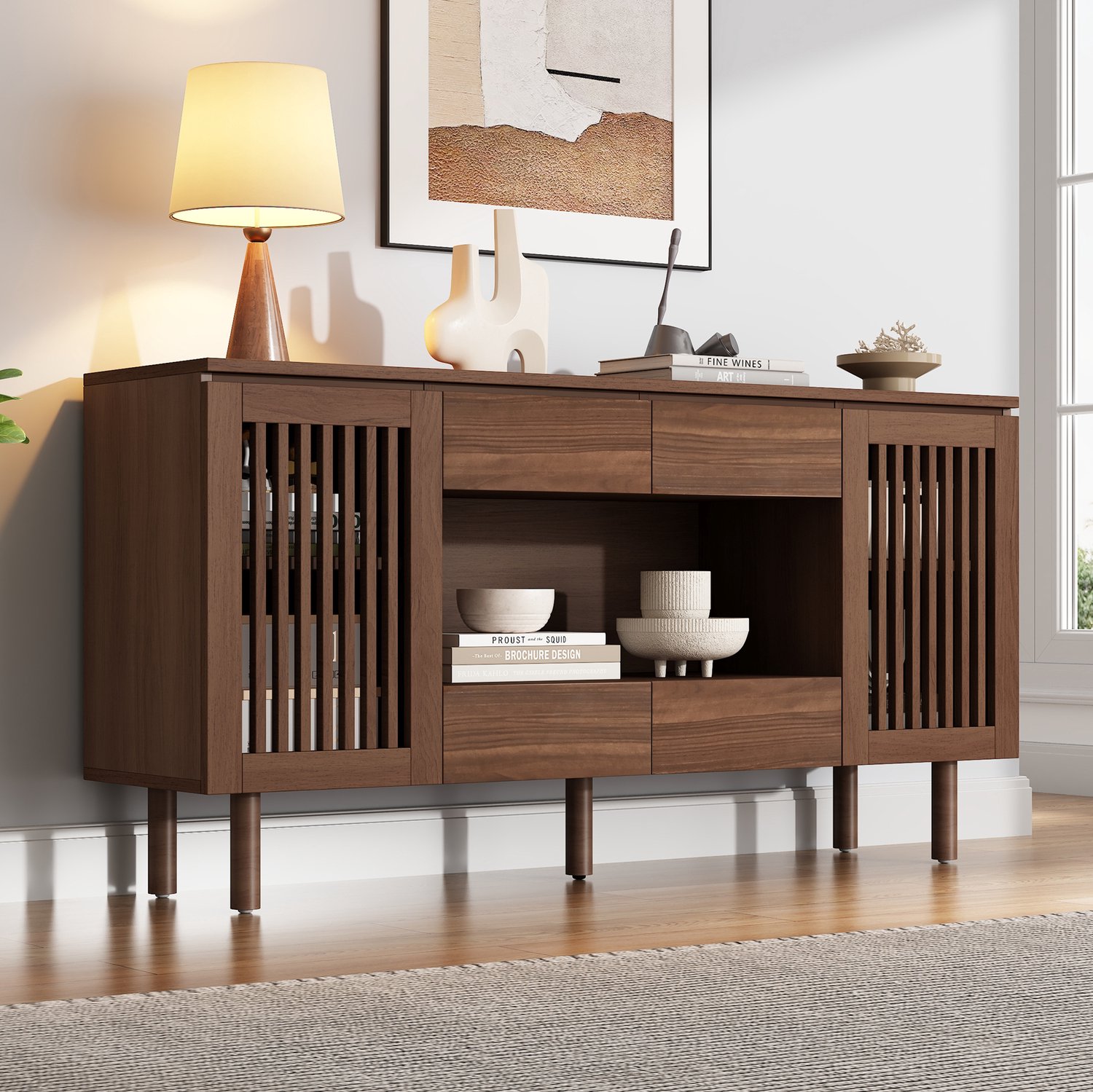MODFU Dressoir Met 4 Lades En 2 Deuren - Lameldeuren - MDF - Walnoot - 140×35×71 Cm