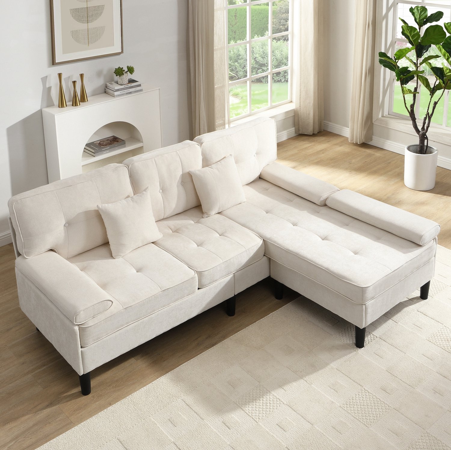 Wishdor L-vormige hoekbank - Driezitsbank met slaapfunctie - Verplaatsbare voetenbank met liggedeelte - Modulair links en rechts op te stellen - Chenille - Lichtbeige - 195 x 149 x 86 cm