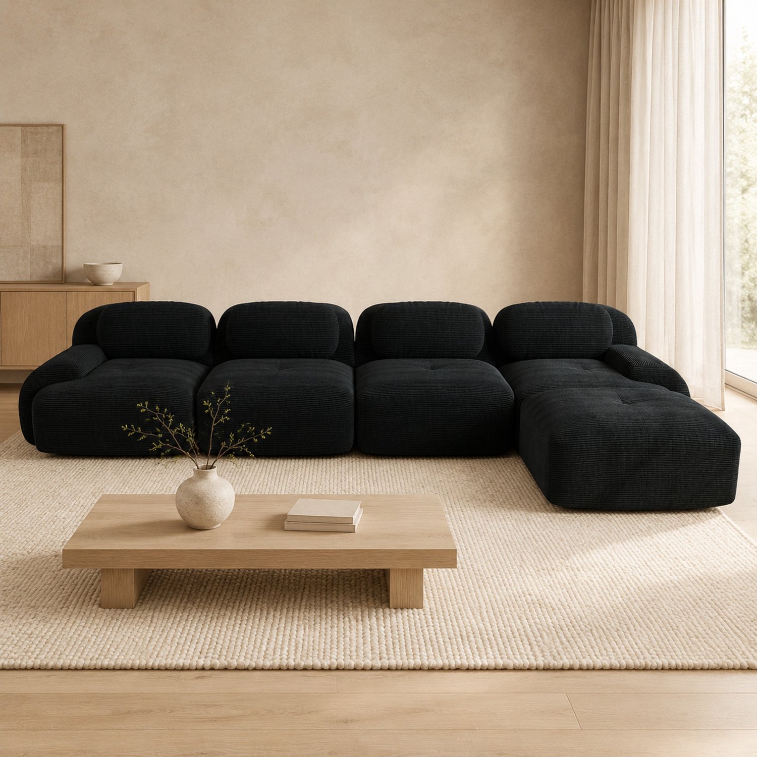 WUVRIE Modulaire hoekbank 388x178 cm - 4-zits met chaise longue en 32D schuim - Zwart