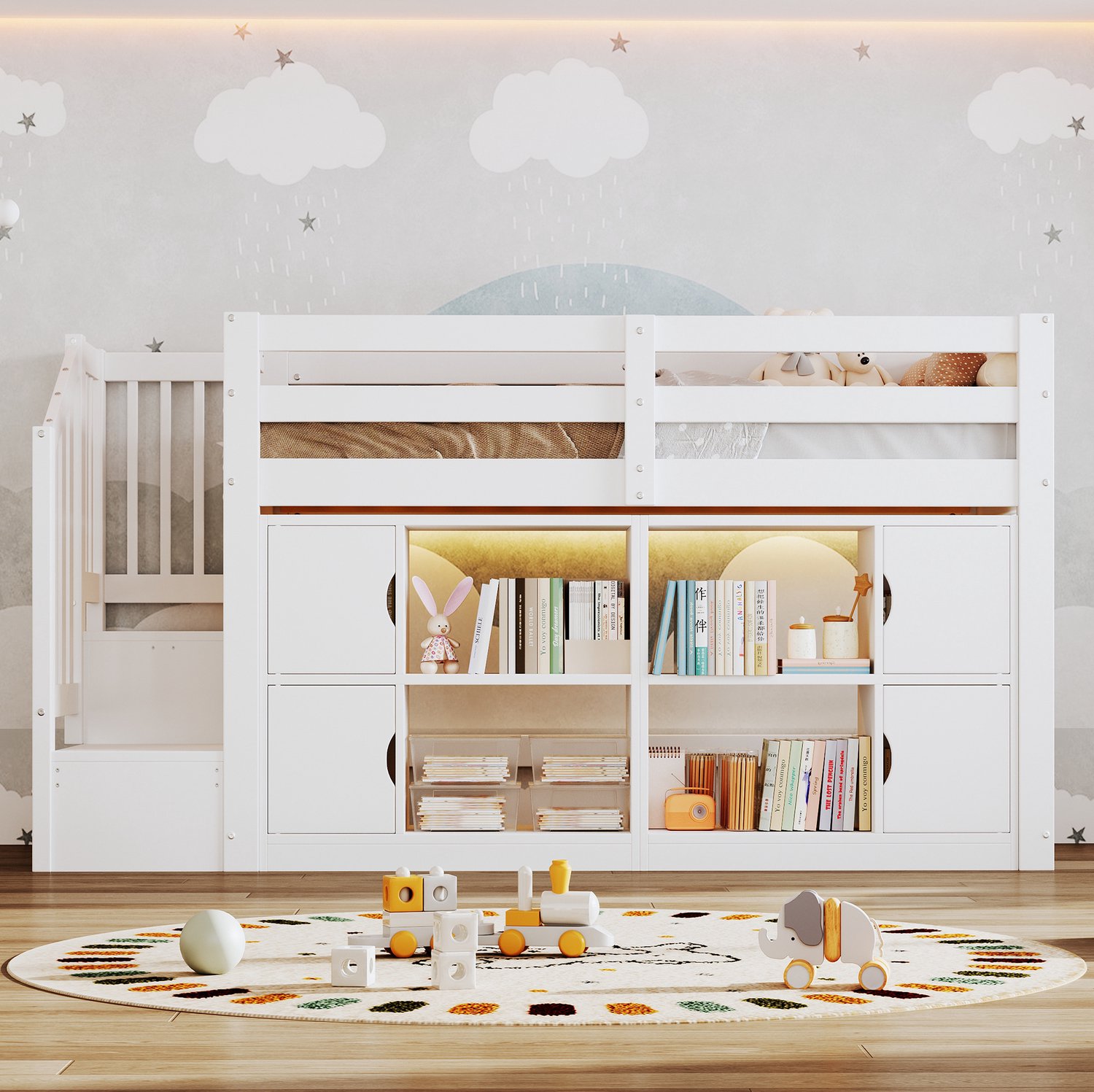 Wishdor Hoogslaper 90x200 cm - Opbergruimte en LED-verlichting - Trap met opbergruimte en boekenrek - Functioneel design - Kinderkamer - MDF en hout - Wit