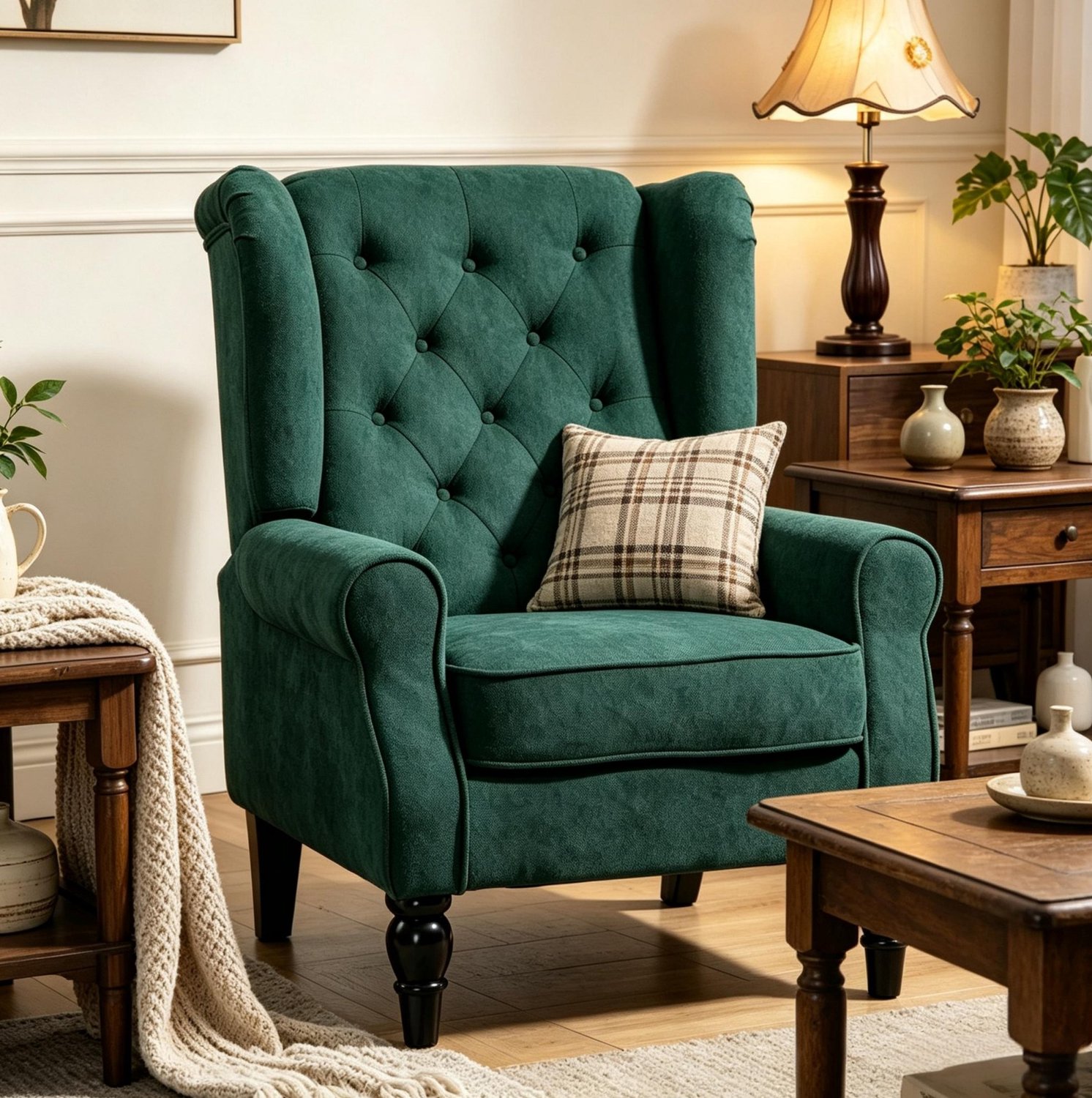 MODFU Fauteuil - Gecapitonneerde Rugleuning - Klassiek - Houten Poten - Stof - Donkergroen