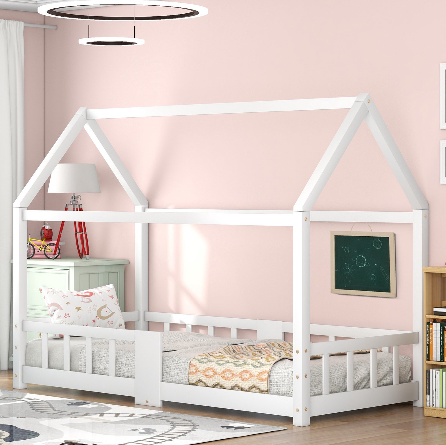 Maisentiel Kinderhuisbed 90 x 200 cm met uitvalbeveiliging, lattenbodem en krijtbord - wit