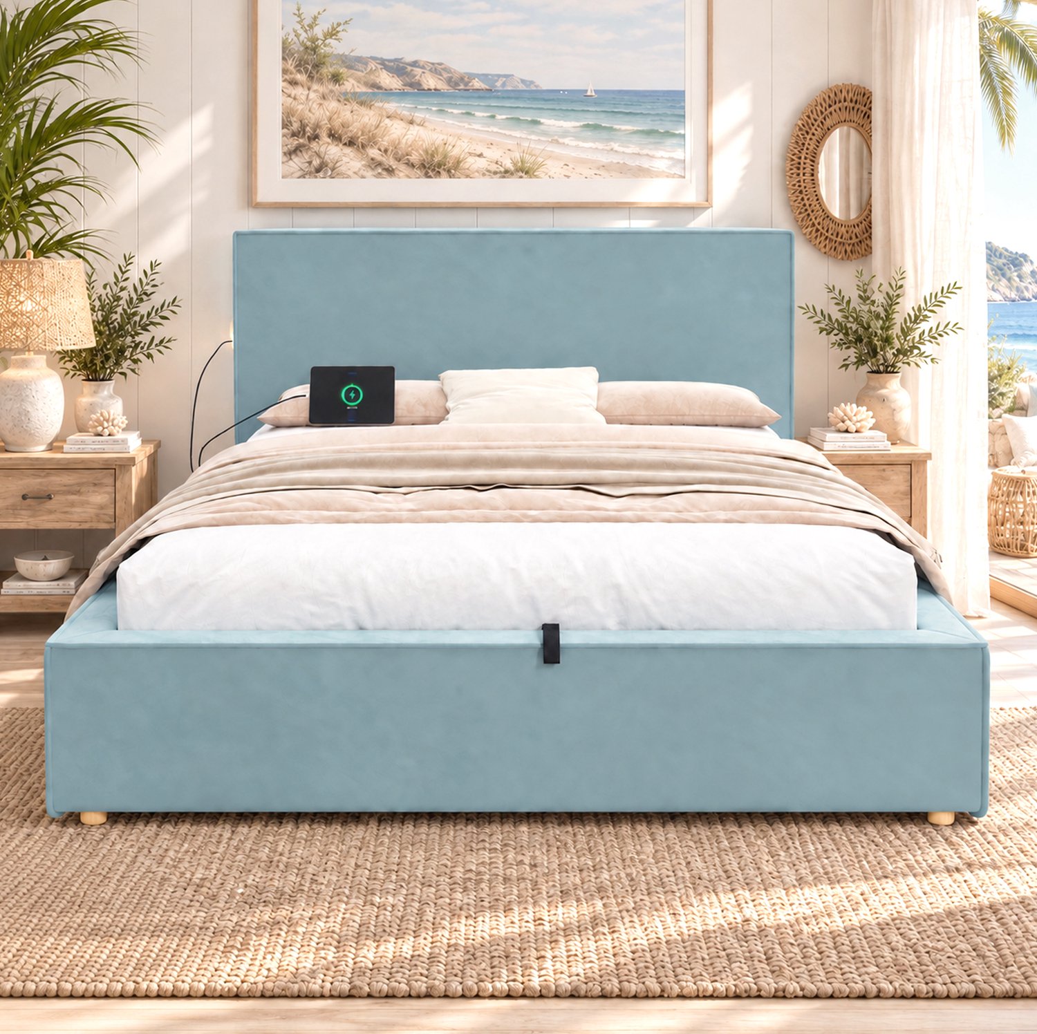 MIVRAY Gestoffeerd Kinderbed 140x200 cm - Hydraulisch Bed Met Lattenbodem en Grote Opbergruimte - Zonder Matras - Fluweel - Blauw