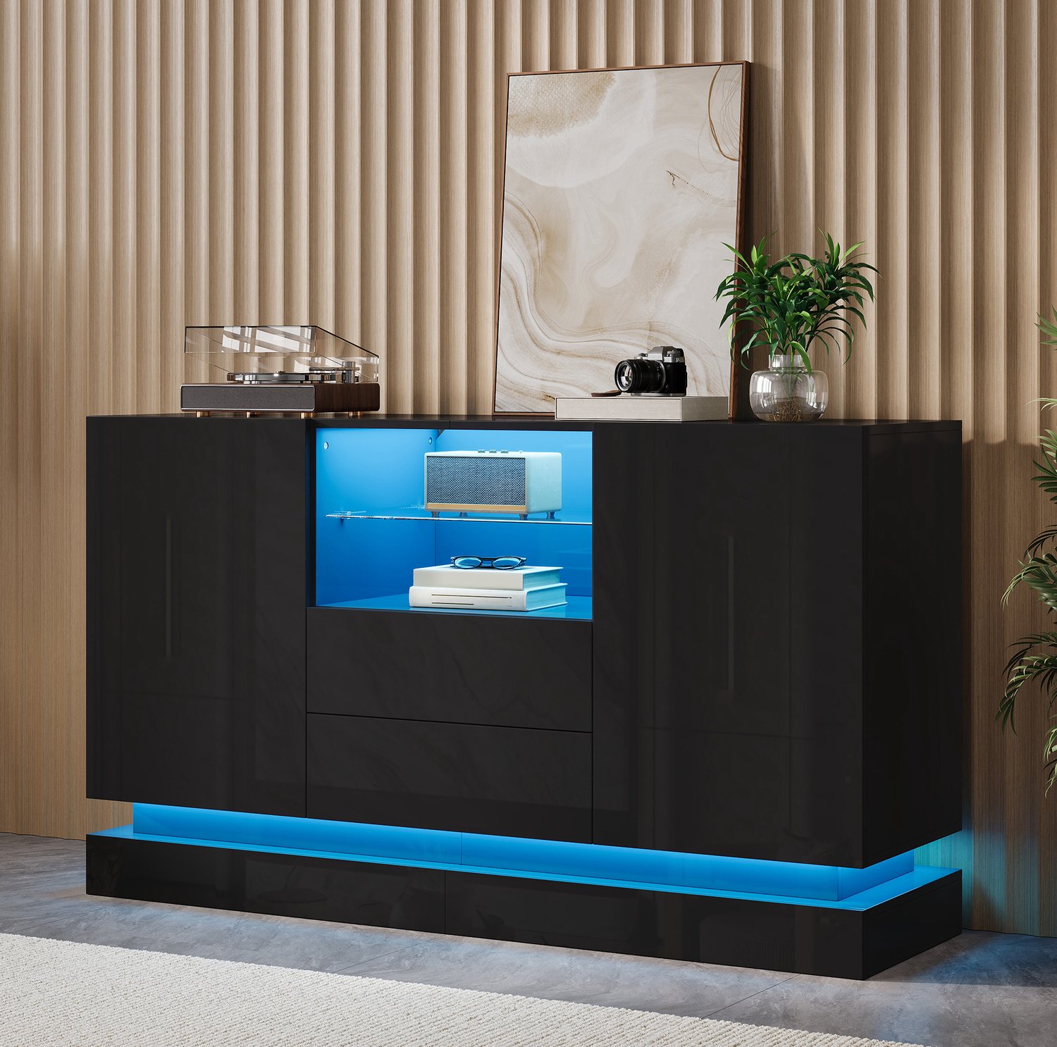 MODFU Dressoir - LED-Verlichting Met App-Bediening - Hoogglans - Zwart - 140 x 40 x 80 cm