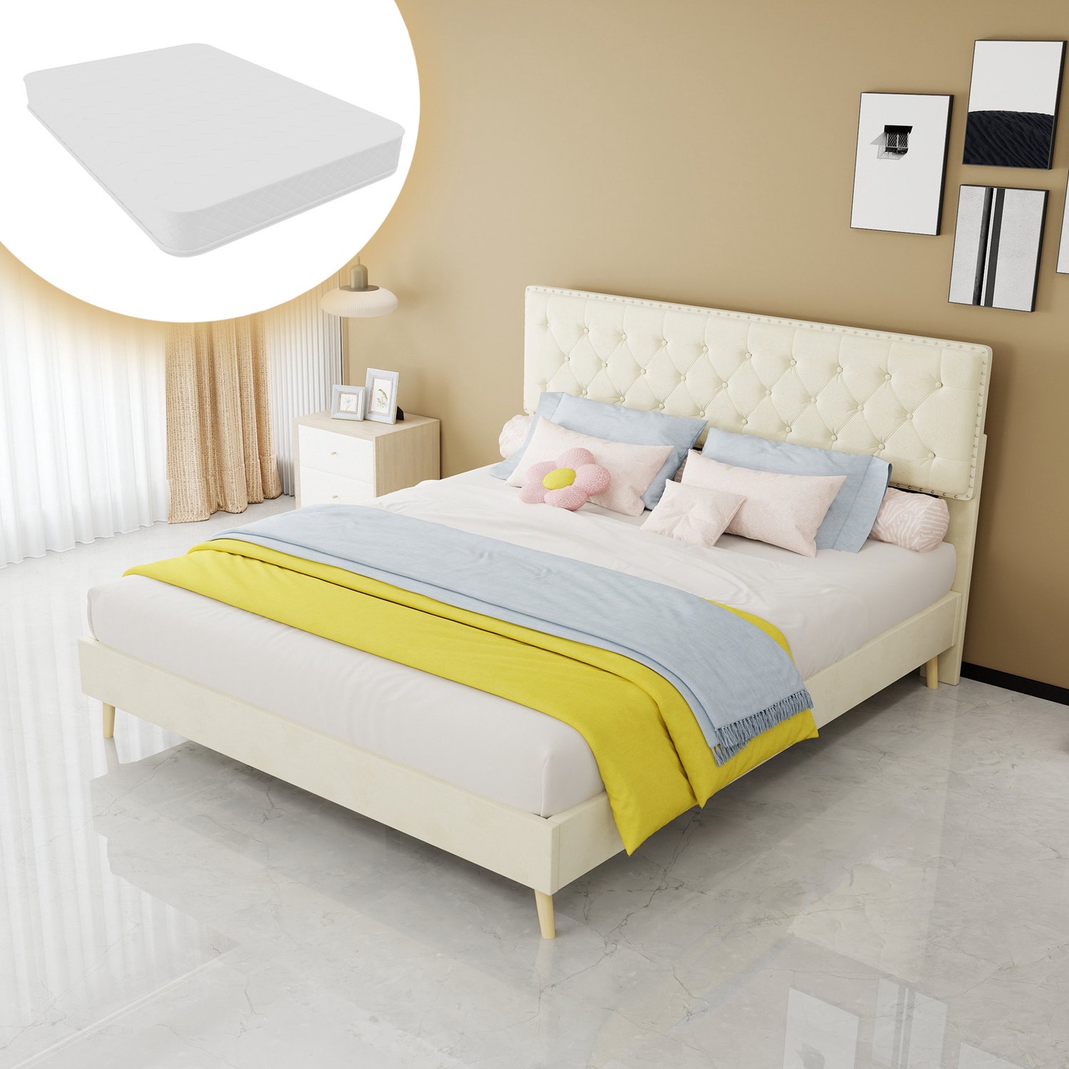 WUVRIE Gestoffeerd tweepersoonsbed 160x200 cm - Inclusief matras en lattenbodem - Beige