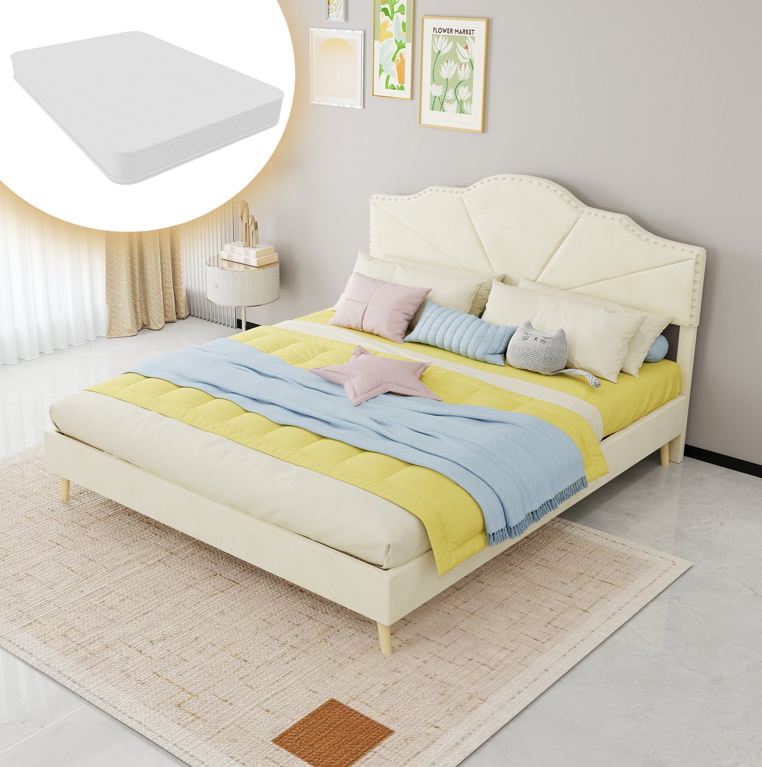 WUVRIE Gestoffeerd bed 160x200 cm - Met lattenbodem en matras - Beige