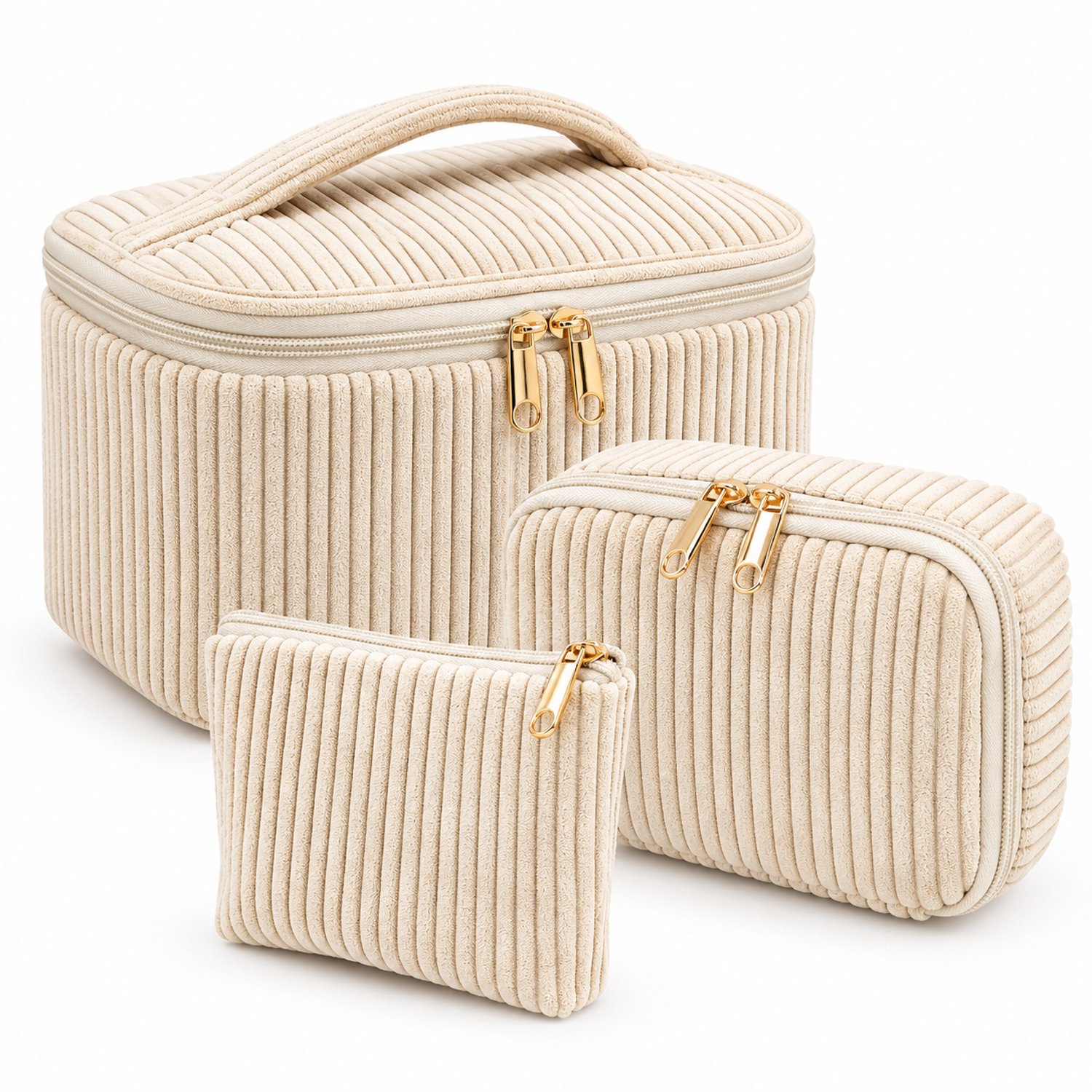 Lifhelpe 3-delige Make-up Tassen Set – Toilettassen met Corduroy Design – 3 Formaten – Cosmetica Organizer met Ritssluiting – Crème